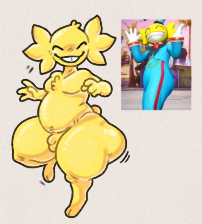 big ass, chubby, chubby male, fortnite, fortnite: battle royale, genitals, leitinhotop, mascot, penis, small cock, smiling, smiling at viewer, thick thighs, torururuu, wide hips, wide smile, wonkee (fortnite), yellow body