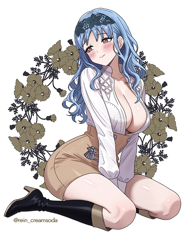 1girls, artist name, big breasts, blue hair, blush, blushing, boots, braless, breasts, brown eyes, cleavage, embarrassed, embarrassed female, embarrassed smile, female, female only, fire emblem, fire emblem: three houses, flowers, flowers in background, full cleavage, garreg mach monastery uniform, hairband, hands between legs, hands between thighs, hands together, human, human only, large breasts, light skin, light-skinned female, long hair, looking away, looking away from viewer, marianne von edmund, nintendo, no bra, open shirt, pose, posing, posing for viewer, rein creamsoda, seducing, seducing viewer, seductive, seductive pose, shirt open, skirt, smile, smiling, solo, solo female, student uniform, thick thighs, thighs, white background, white shirt