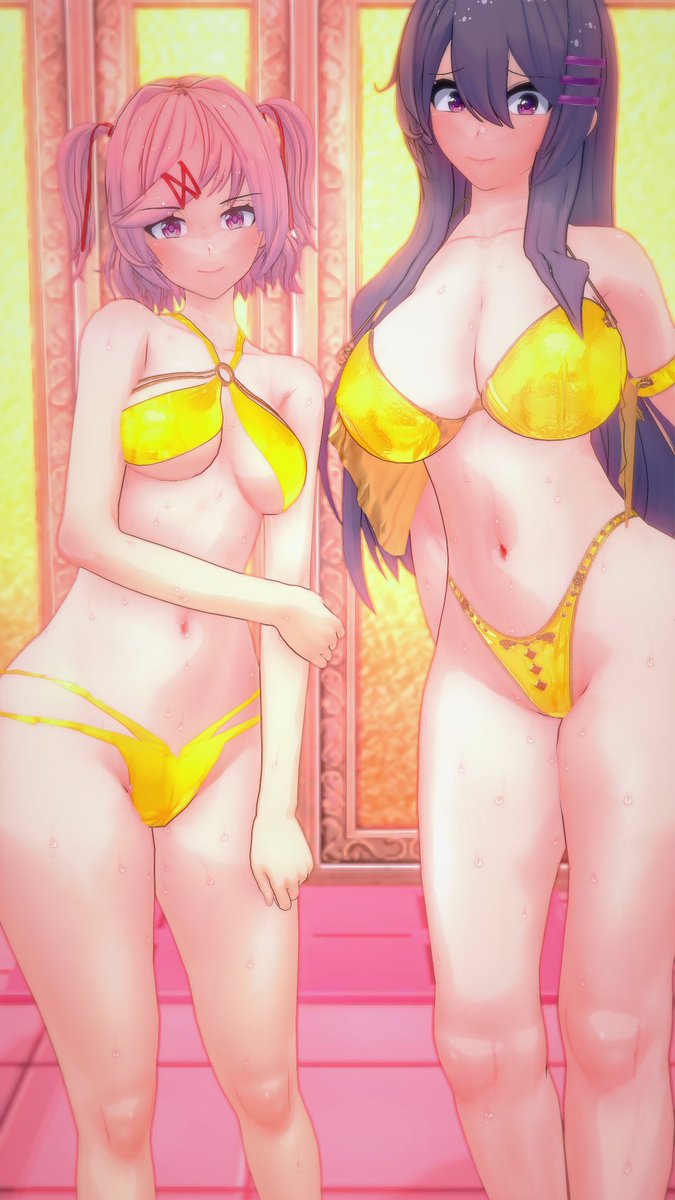 2girls, 3d, bikini, doki doki literature club, female, female only, golden bikini, mashirosolera, multiple girls, natsuki (doki doki literature club), yuri (doki doki literature club)