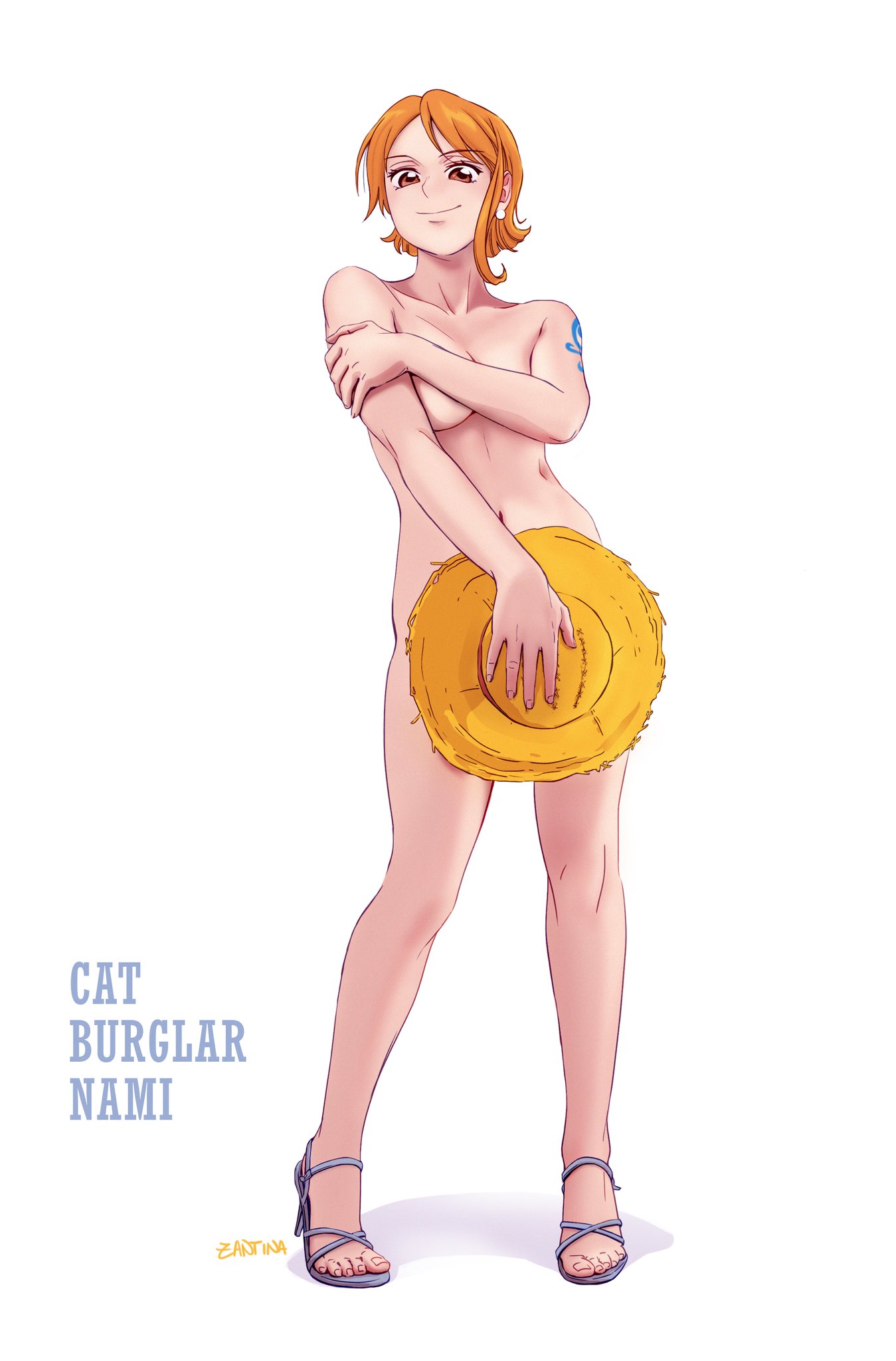 1girls, arm covers breast, arm tattoo, blue tattoo, color, colored, colour, coloured, earrings, female, female only, hidden breasts, hiding behind object, hiding breasts, hiding pussy, naked, naked female, naked footwear, nami, nami (one piece), one piece, orange hair, orange-haired female, pose, posing, posing for picture, posing for the viewer, posing nude, pre-timeskip, sandals only, shoes only, smile, smiling, smiling at viewer, smirk, straw hat, tattoo, zantinaa