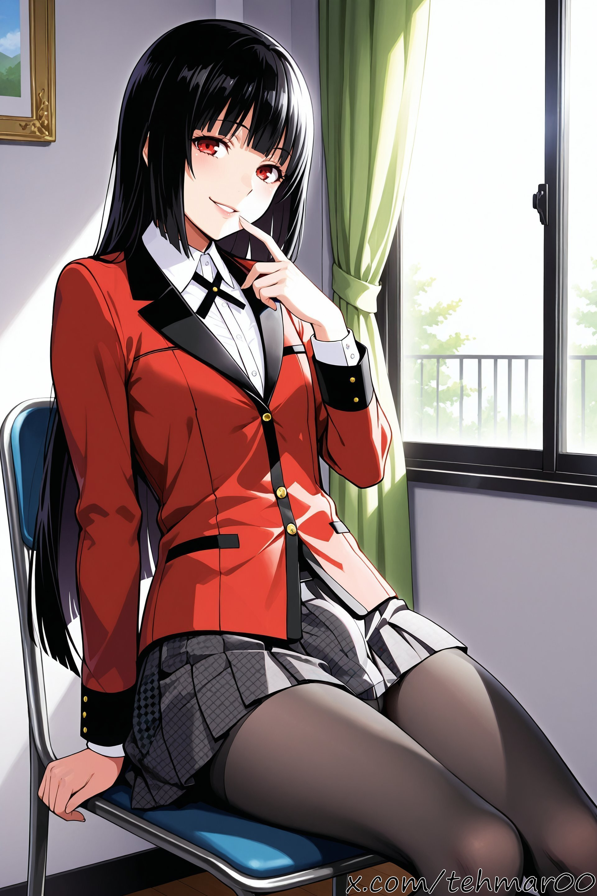 1boy, ai generated, bangs, black hair, black pantyhose, blazer, chair, collared shirt, curtains, eyebrows visible through hair, femboy, finger to mouth, genderswap (ftm), hime cut, indoors, jabami yumeko, jacket, kakegurui, long hair, long sleeves, looking at viewer, male, pantyhose, parted lips, pleated skirt, red eyes, red jacket, rule 63, school uniform, shiny hair, shirt, sitting, skirt, smile, solo, tagme, tehmar, trans woman, transfem, trap, white shirt, window