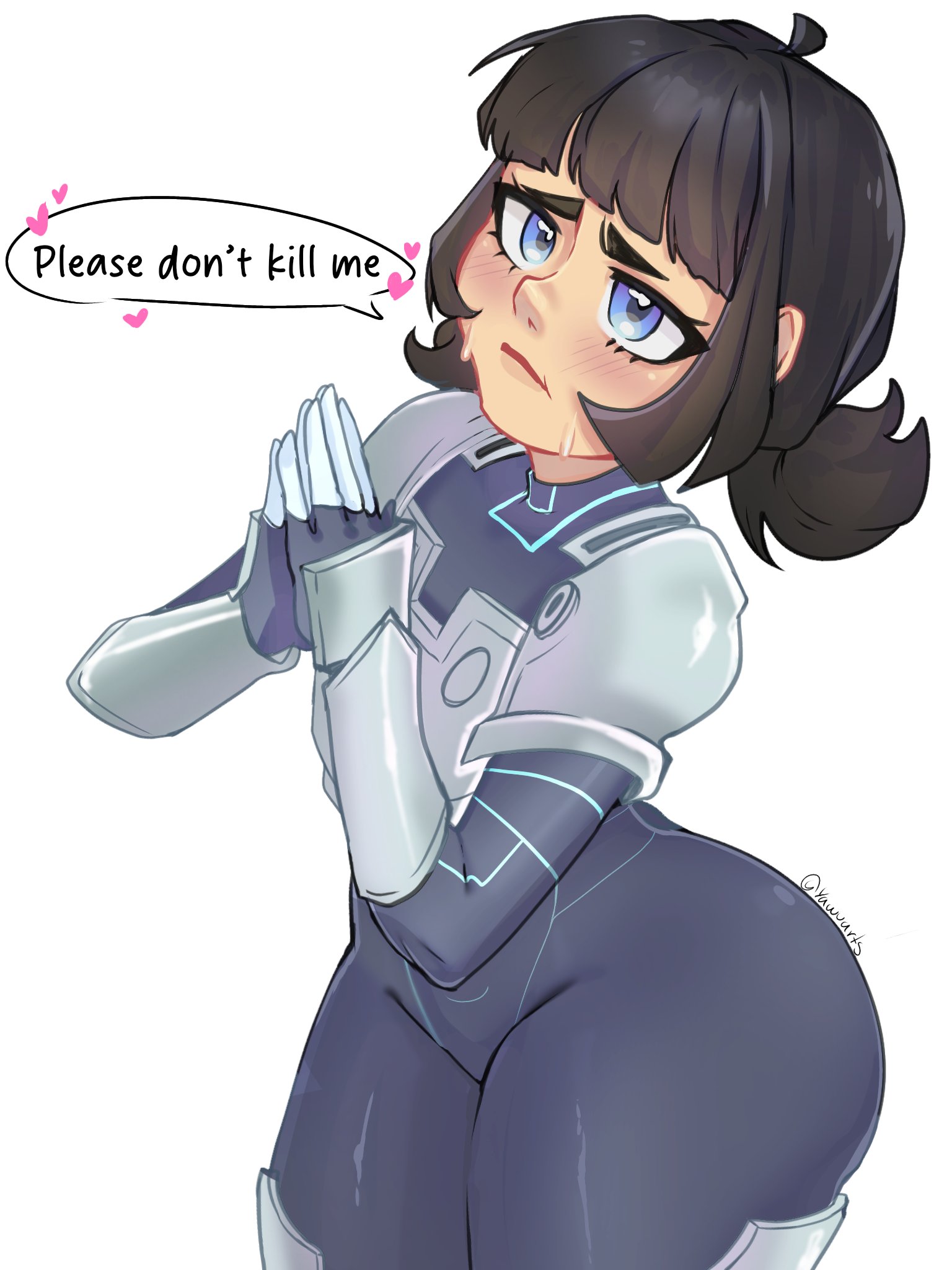 1girls, 2026, 2d, 2d (artwork), alternate body type, armor, armored female, artist signature, begging, big ass, black hair, blue eyes, bodysuit, closed mouth, clothed, dialogue, english text, fat ass, female, female focus, female only, femsub, flat chest, flat chested, human, invincible, invincible (tv series), jpeg, large ass, light skin, looking at partner, submissive female, sweat, sweatdrop, tech jacket, tech jacket (zoe thompson), text, thick thighs, twitter link, white background, wide hips, yawuarts