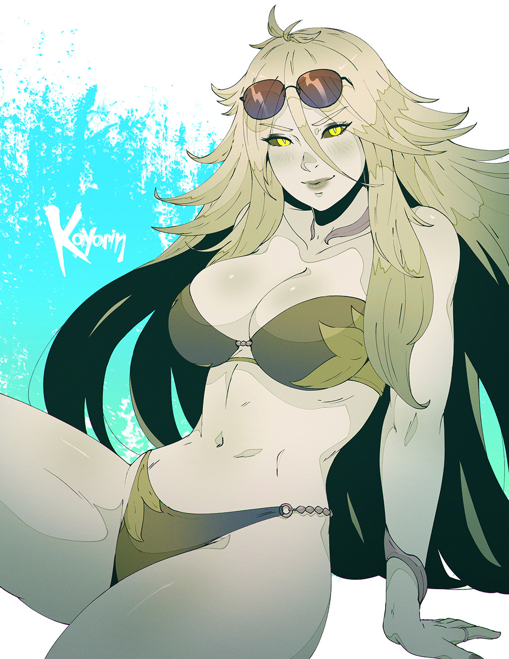 :), archfiend, arm support, barbariccia, bikini, blonde hair, blush, bra, breasts, cleavage, closed mouth, colored sclera, colored skin, curvy, elemental, elemental creature, elemental humanoid, eyewear on head, female, female only, final fantasy, final fantasy xiv, fringe, glasses, green bikini, green hair, green lips, green sclera, green skin, hair between eyes, hi res, highres, hips, koyorin, large breasts, lingerie, long hair, looking at viewer, pose, seductive smile, sitting, smile, solo, square enix, sunglasses, swimsuit, thick thighs, very long hair, wide hips, yellow eyes