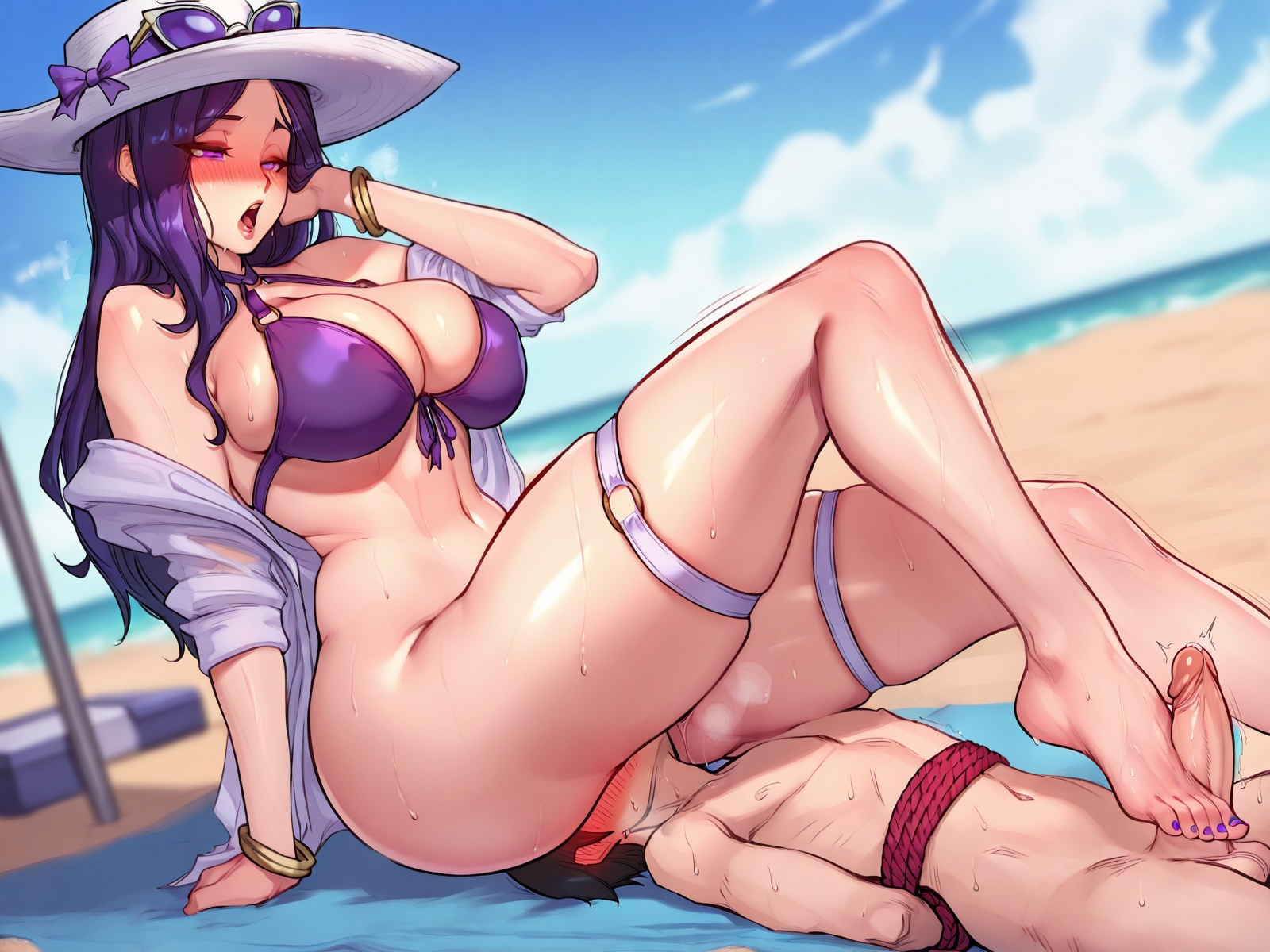1boy, 1girls, 7ylox, ai assisted, ai generated, ass, back view, big ass, big butt, bikini, bikini bottom, bikini top, bondage, busty, caitlyn kiramman, child bearing hips, clothed, costume, curvaceous, curvaceous ass, curvaceous body, curvaceous female, curvaceous figure, curvaceous hips, curvaceous thighs, curvy, curvy ass, curvy body, curvy female, curvy figure, curvy hips, curvy thighs, dominant female, duo, eyewear on head, facesitting, female, female focus, female on top, femdom, fetish, foot fetish, footwear, hat, huge ass, large ass, large butt, larger female, league of legends, male, massive ass, pool party caitlyn, pool party series, pussy, riot games, sitting on face, sitting on person, smaller male, submissive male, sunglasses, swimsuit, swimwear, taller female, taller girl, thick, thick hips, thick legs, vagina, voluptuous, voluptuous female, waifu