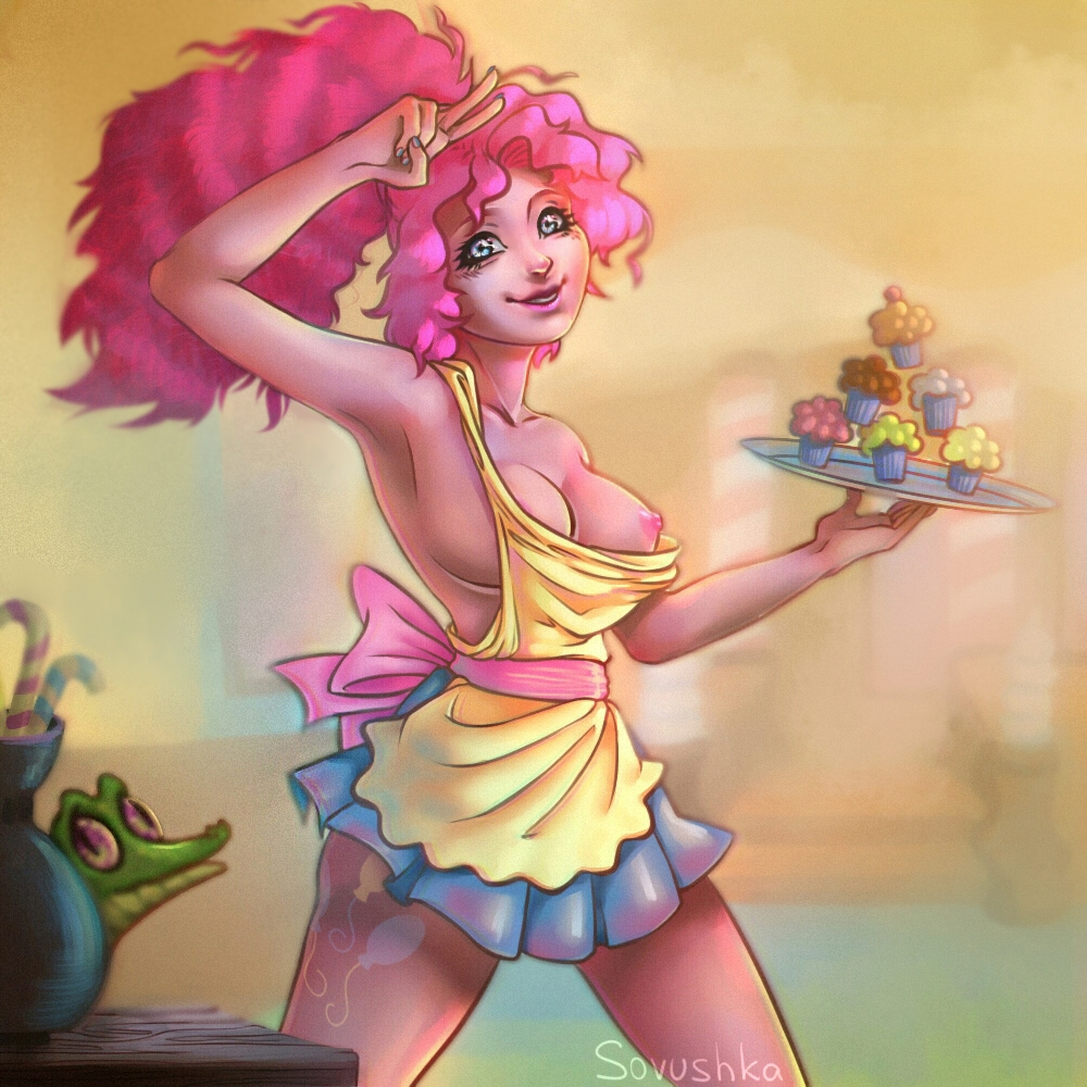 1girls apron blue_eyes breasts cupcake cutie_mark female food friendship_is_magic gummy_(mlp) human humanized long_hair looking_at_viewer my_little_pony nail_polish nipples off_shoulder one_breast_out personification pinkie_pie_(mlp) ponytail sash solo sovushka standing tied_hair v wavy_hair