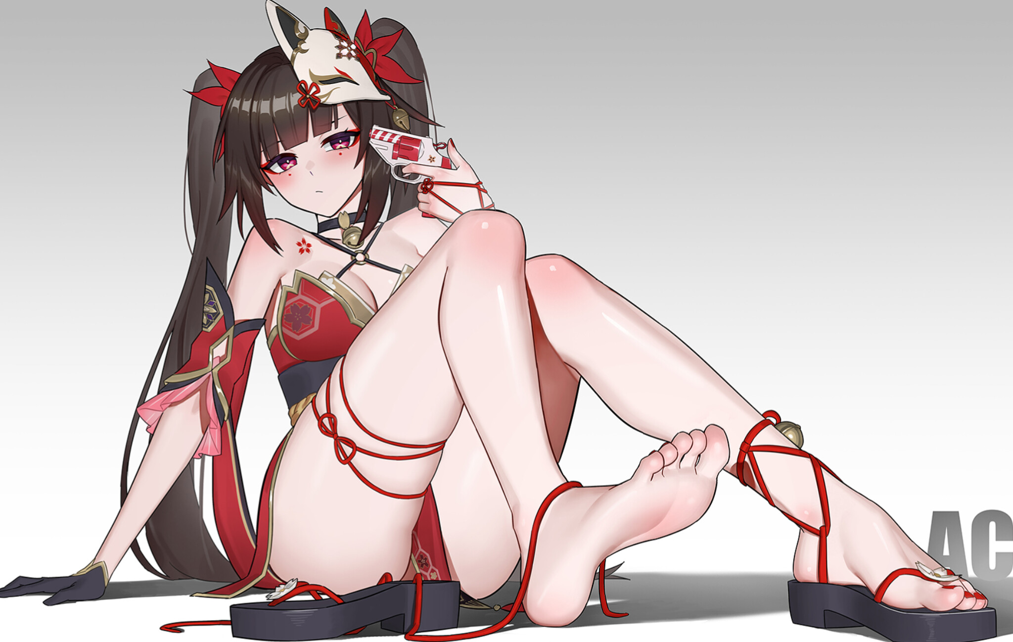 1girls, bare shoulders, barefoot, black hair, feet, feet fetish, foot fetish, honkai (series), honkai impact 3rd, honkai: star rail, hoyoverse, legs, long legs, mihoyo, pale skin, petite body, petite female, petite girl, pout, pouting, red dress, red eyes, red nail polish, red nails, red toenail polish, red toenails, sandals, sandals removed, sitting on floor, soles, sparkle (honkai: star rail), thick thighs, thighs, toes, twintails, w.q.y