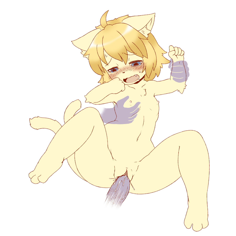 blonde_hair blue_eyes drooling feline flat_chested fur hair invisible_hands invisible_penis kemono mammal nipples no3512 open_mouth pussy saliva short_hair tan_fur