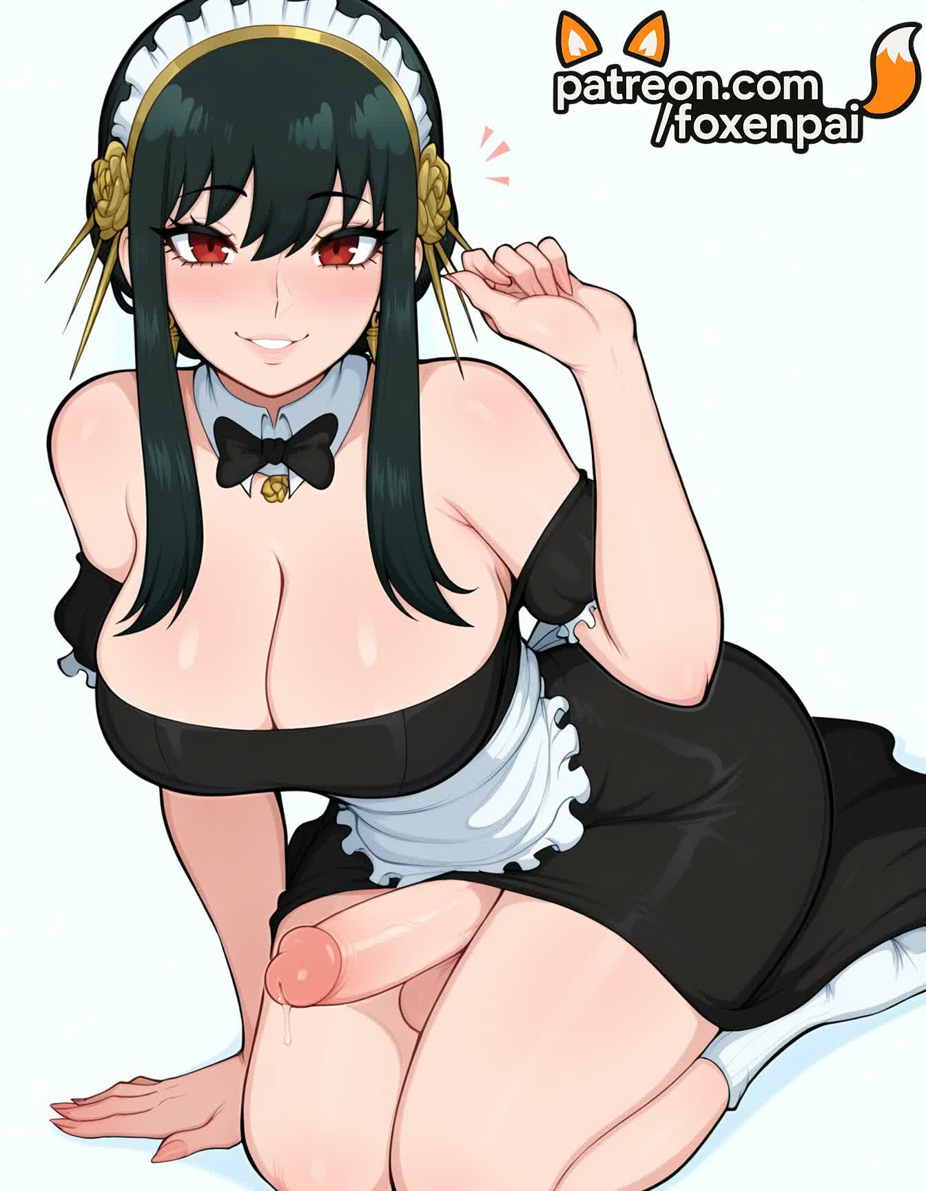 1futa, 2025, ai generated, apron, artist name, blush, breasts, bust, chest, cleavage, cock, dick, dress, enmaided, erection, eyebrows visible through hair, foxenpai, futanari, hi res, high quality, high resolution, highres, long hair, maid, maid apron, maid headdress, otoko no ko, patreon, patreon username, penis, red eyes, seiza, smile, solo, spy x family, stable diffusion, testicles, waist apron, watermark, white apron, yor briar, yor forger