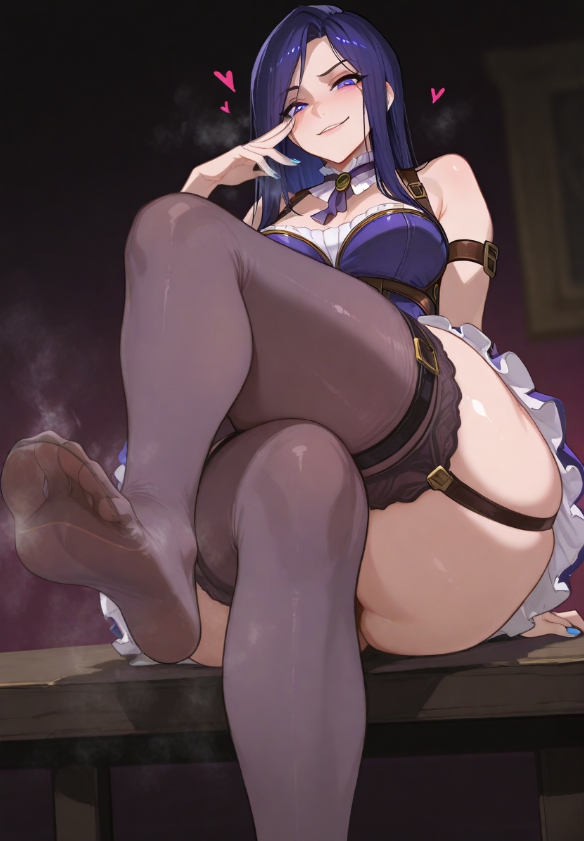 1girls, ai generated, arcane, ass, bewitching thighs, breasts, caitlyn kiramman, crossed legs, dominant, dominatrix, feet, giantess, heart, heart eyes, league of legends, league of legends: wild rift, legs, legs crossed, mommy, mommy dom, mommy kink, purple hair, sexy body, smelly, socks, sole female, soles, stinky, stockings, thigh highs, thighhighs, thighs, toes