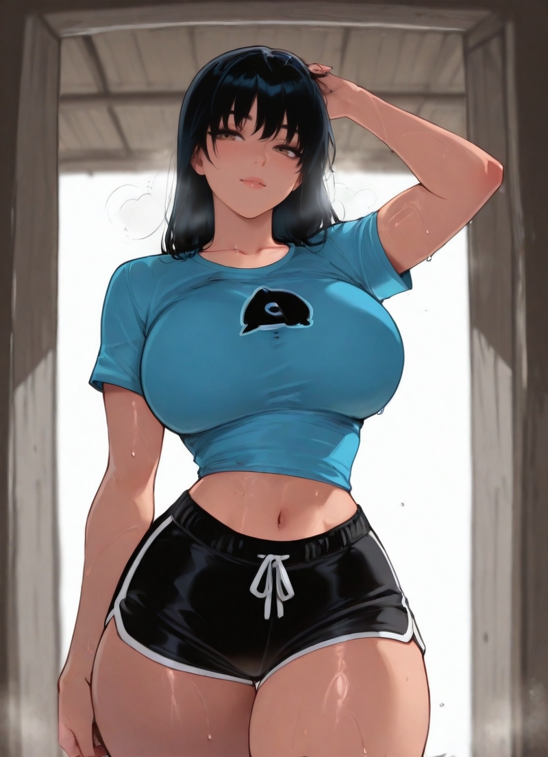1girls, abs, ai generated, athletic, athletic female, big breasts, breasts, chainsaw man, dolphin shorts, female, hips, hips wider than shoulders, huge breasts, long hair, mitaka asa, narrow waist, t-shirt, yoru (chainsaw man)