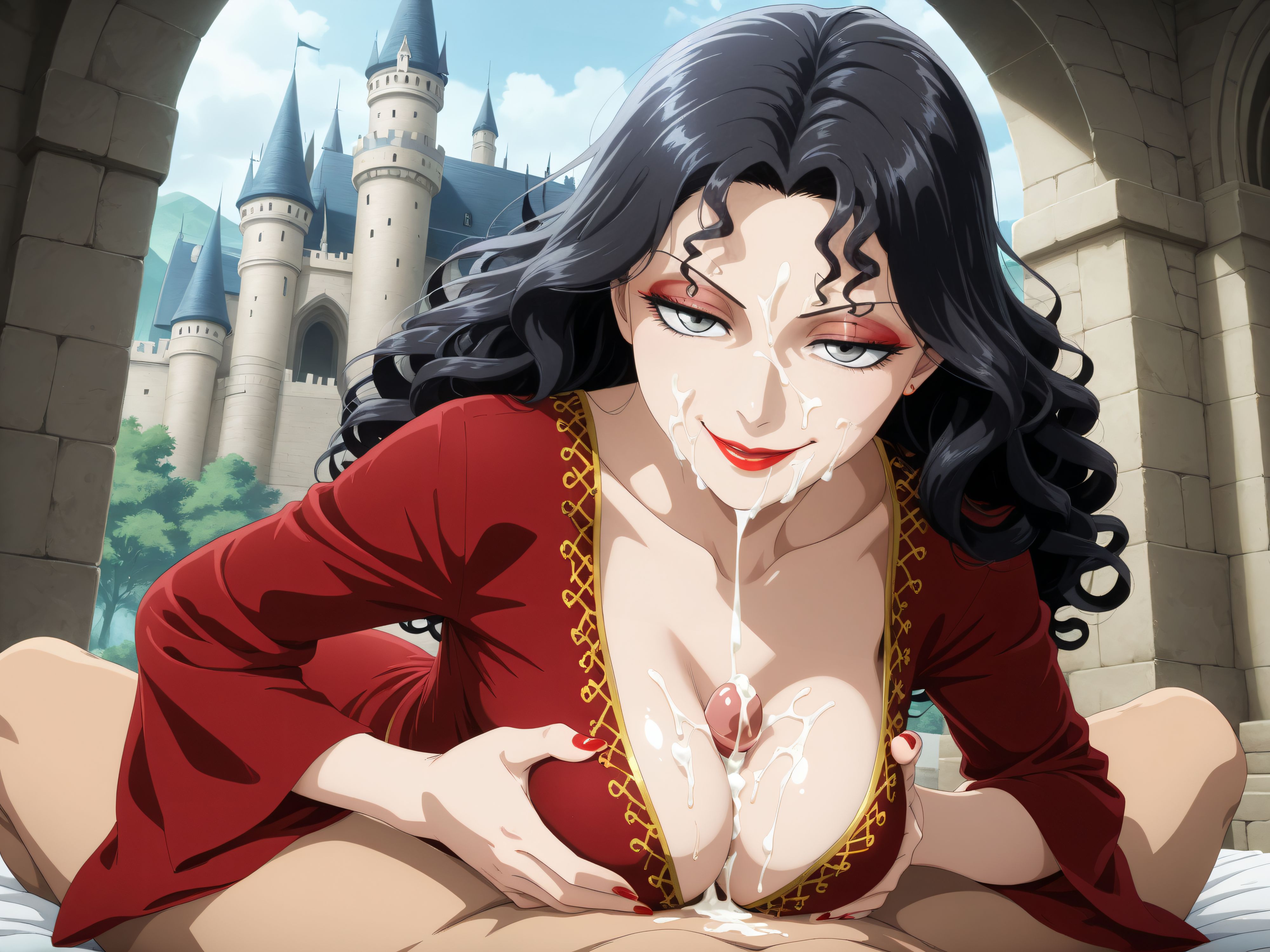 ai assisted, ai generated, anime style, big breasts, mother gothel, paizuri, paizuri under clothes, tangled, titjob