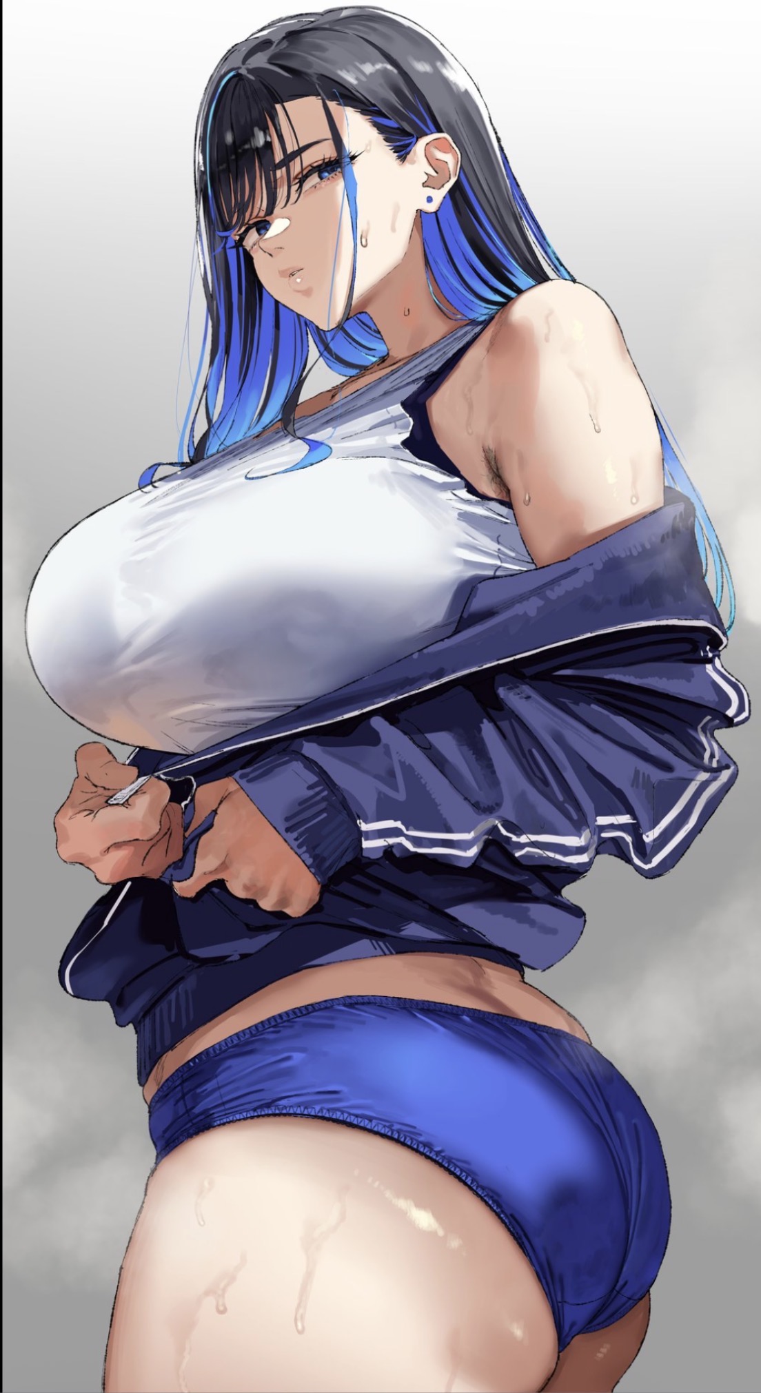 1girls, armpit hair, ass, big ass, big breasts, black armpit hair, black hair, blue hair, blue jacket, blue panties, breasts, colored inner hair, crop top, cropped jacket, earrings, female, full back panties, long hair, mdoctkscb, multicolored hair, panties, satin, satin panties, solo, solo female, solo focus, steam, sweat, sweating, thick thighs, thighs, two-tone hair, underwear