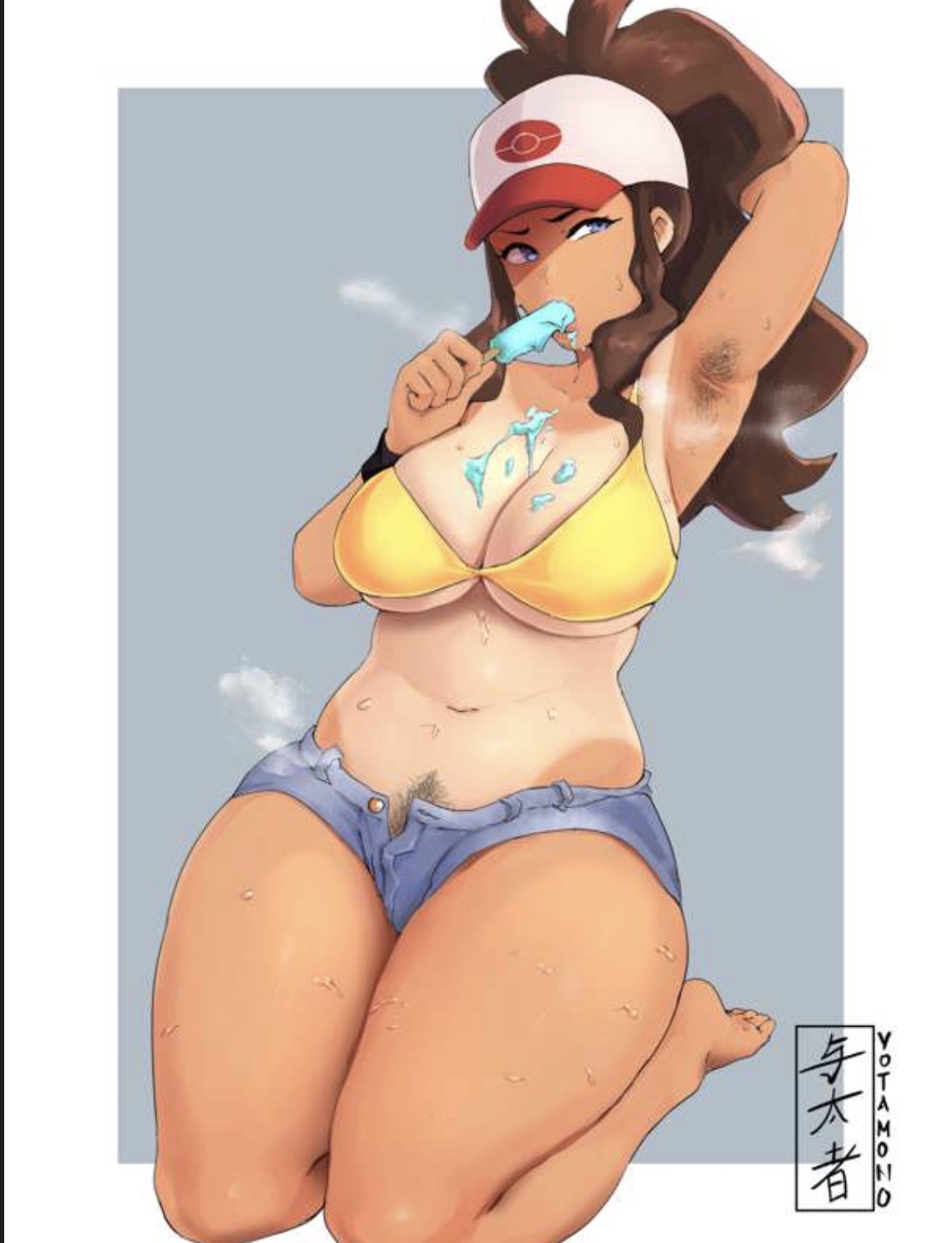 1girls, armpit hair, arms up, bra, breasts, denim shorts, feet, game freak, hat, hilda (pokemon), jean shorts, nintendo, pokemon, pokemon bw, ponytail, popsicle, pubic hair peek, sweat, tan body, tanlines, thick thighs, yotahen