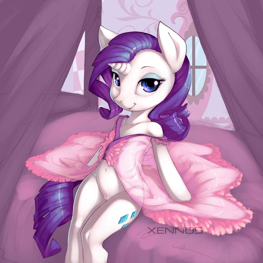 2015 bed blue_eyes cutie_mark equine eyeshadow female friendship_is_magic horn indoors long_hair looking_at_viewer makeup mammal my_little_pony navel on_bed purple_hair pussy rarity_(mlp) see-through sitting smile solo straight_hair unicorn xennos