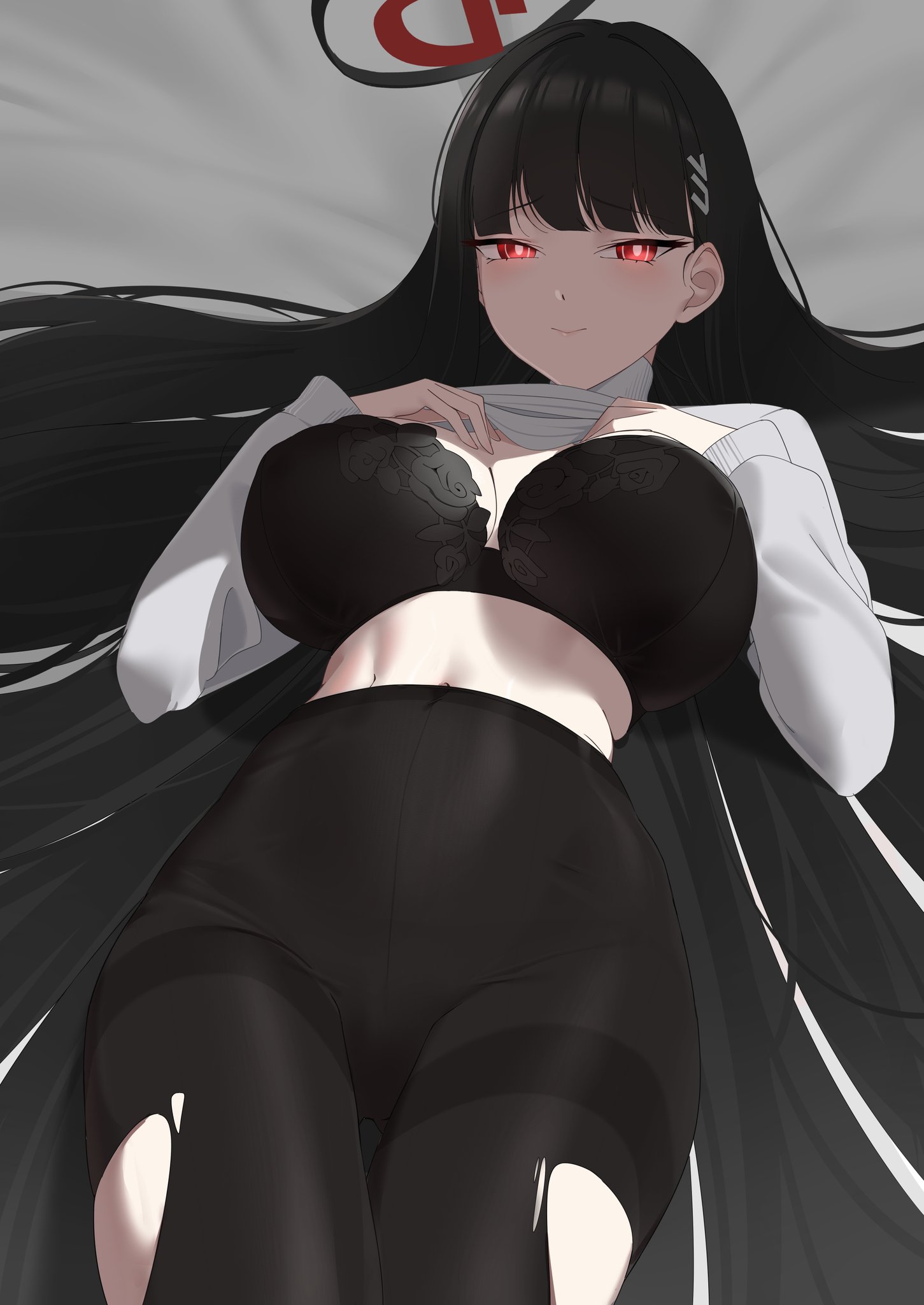 big ass, big butt, big thighs, big titties, black hair, blue archive, breasts, character request, curvaceous, curvaceous female, curvaceous figure, curvy, curvy figure, curvy hips, female, female focus, female only, long hair, looking at viewer, necropoi, rio (blue archive), underwear