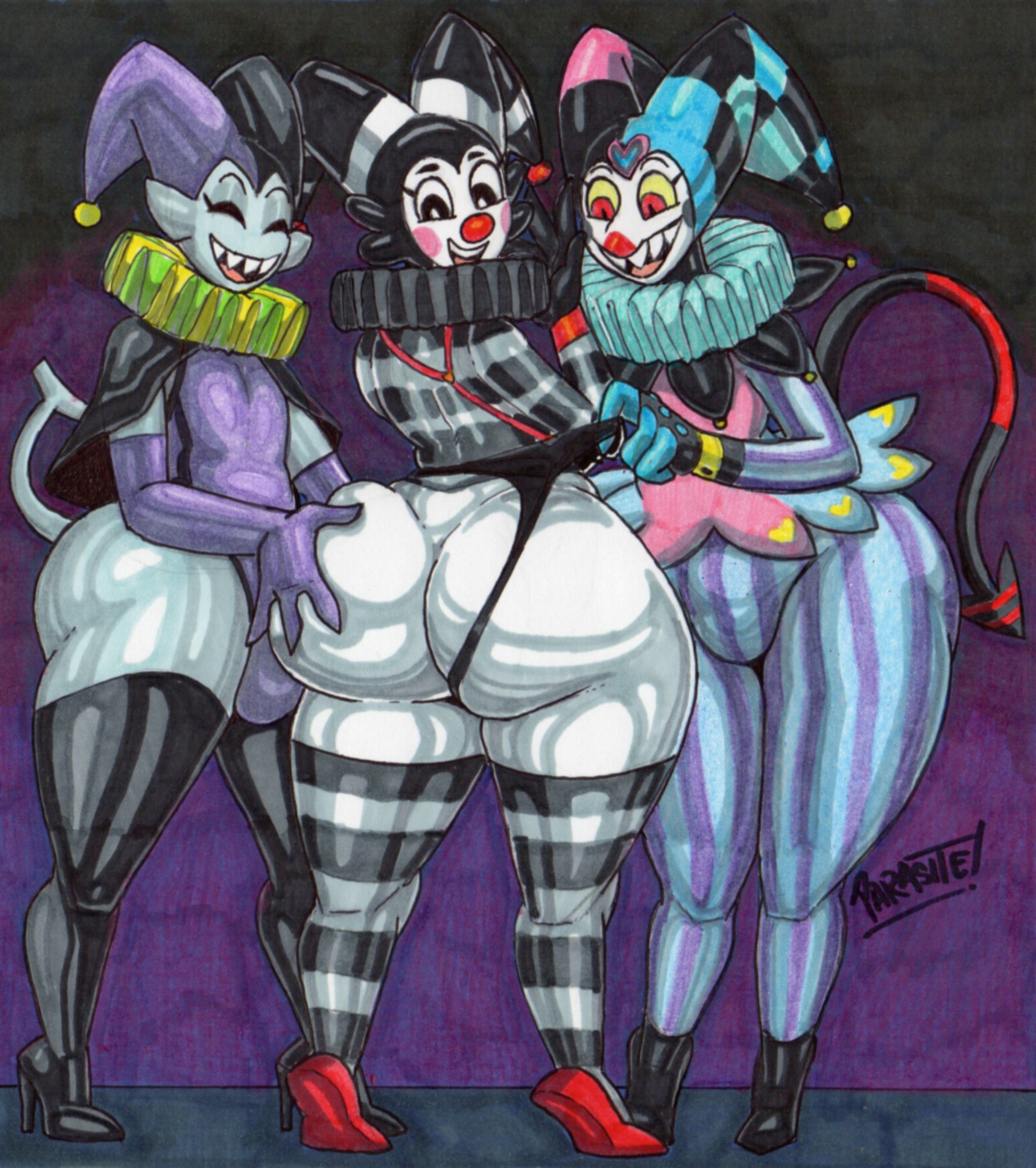 3boys, ass, big ass, big thighs, clothing, deltarune, el bufón (parasitedeath), fat ass, fat thighs, femboy, feminine male, fizzarolli (helluva boss), gay, girly, heels, helluva boss, hourglass figure, huge ass, jester, jevil (deltarune), male, male/male, parasitedeath, tagme, vivienne medrano, vivziepop, white body, wide hips, wide thighs