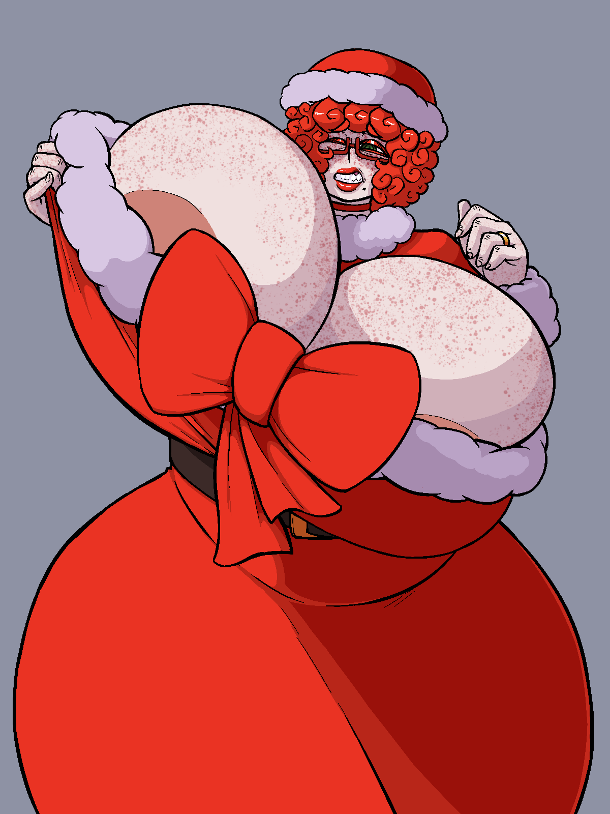 beauty mark, belly bulge, belt, belt buckle, body freckles, breast squeeze, breasts, breasts bigger than head, breasts squeezed together, christmas, covering self, curly hair, female, freckles, fur cuffs, gigantic breasts, glasses, green eyes, gritting teeth, hat, holding mistletoe, ivanpanced (artist), merry christmas, milf, mistletoe, mrs. claus, plump, puckered lips, pulling clothing, red dress, red hair, ribbon, self upload, shoulder cape, struggling, thick thighs, wedding ring