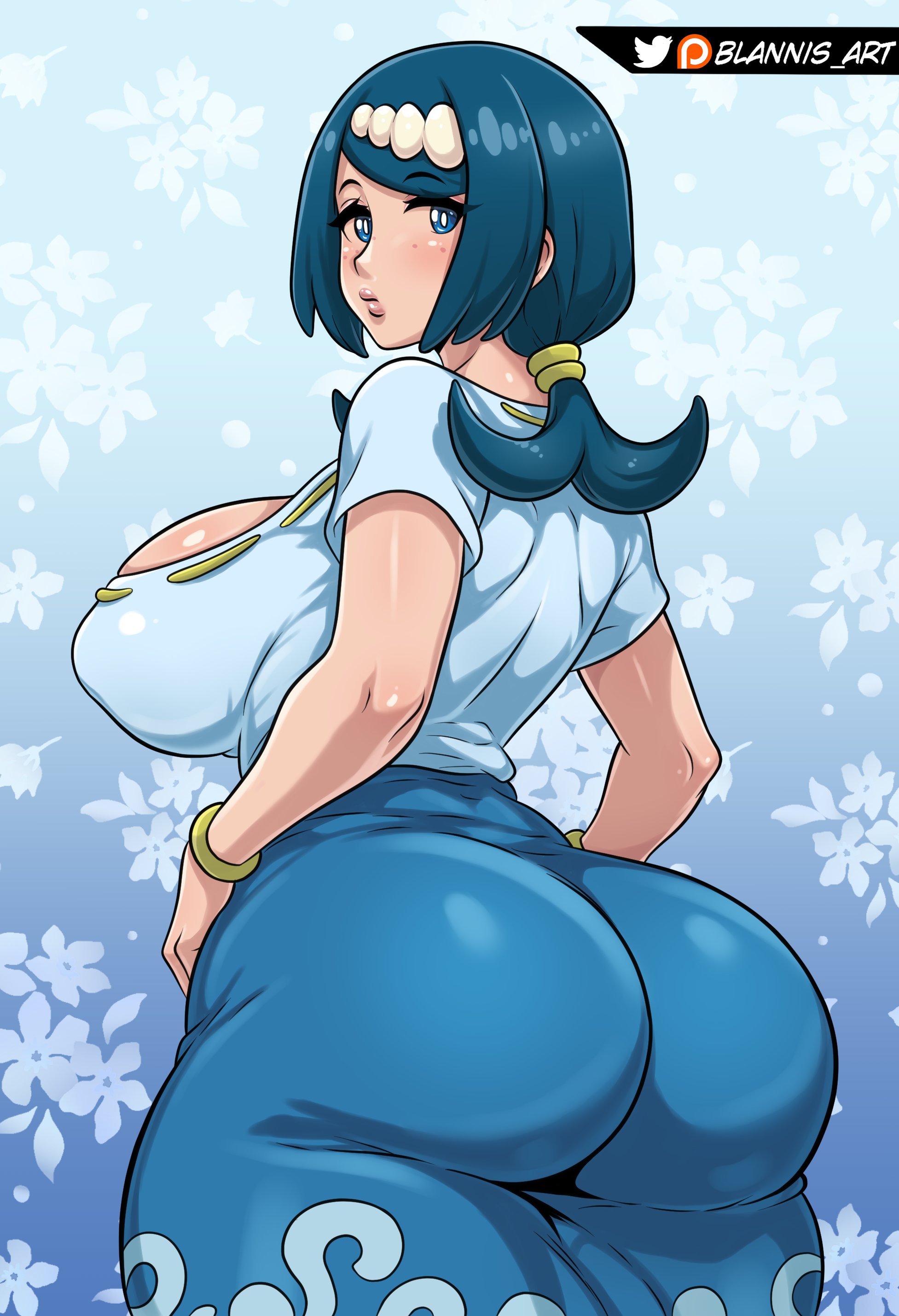 1girls, ass, blannis art, breasts, female, female only, lana's mother (pokemon), large ass, large breasts, looking at viewer, looking back, mature female, milf, nintendo, pokemon, solo