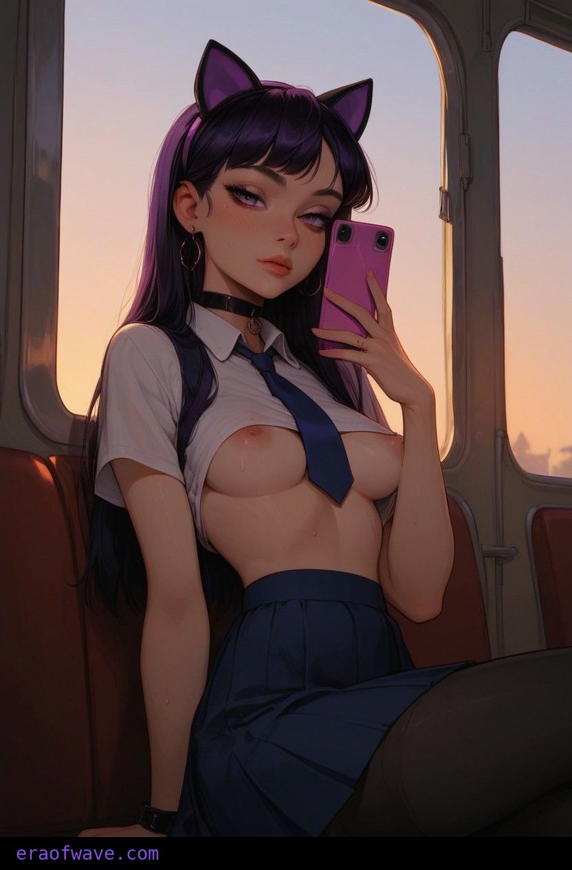 ai_generated aroused breasts_exposed cat_ears eraofwave erect_nipples flushed_cheeks horny long_hair looking_at_viewer naughty_face perky_breasts phone pleasure pointy_breasts puffy_nipples school_uniform the_incredibles topless train underboob violet_eyes violet_parr without_bra without_underwear