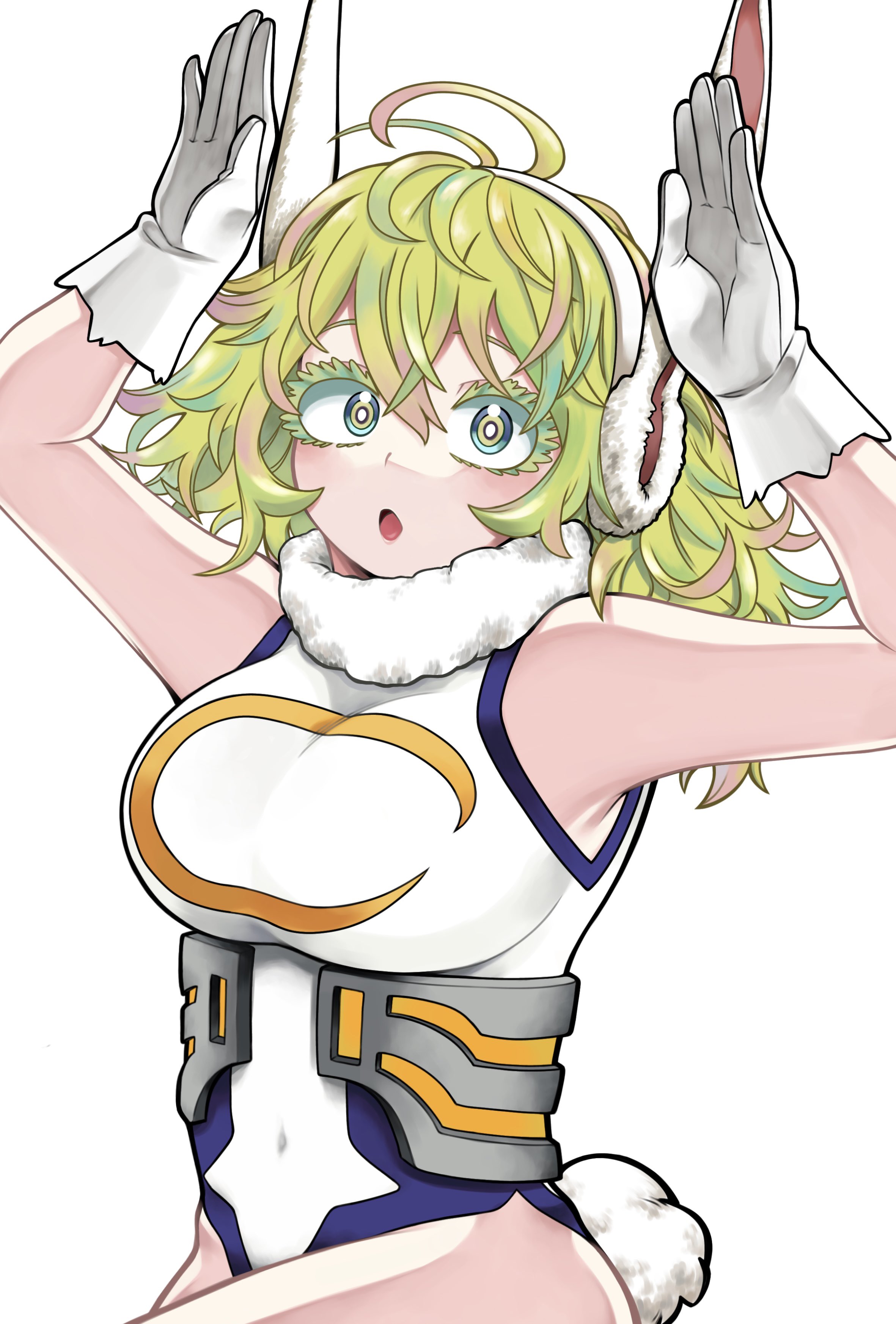 1girls, absurdres, ahoge, animal ear hairband, animal ears, bare shoulders, boku no hero academia, breasts, bright pupils, clothing cutout, cosplay, covered navel, crescent print, fake animal ears, female, female only, fur collar, gloves, green eyes, green hair, green-haired female, hagakure toru, hair between eyes, hairband, hands up, highleg, highleg leotard, highres, hiro illust11, large breasts, leotard, long hair, looking at viewer, messy hair, miruko (cosplay), my hero academia, open mouth, rabbit ear hairband, rabbit ears, rabbit pose, rabbit tail, simple background, sleeveless turtleneck leotard, solo, tail, tail through clothes, taut leotard, tooru hagakure, tooru hagakure (visible), unusually visible, white gloves, white leotard, white pupils