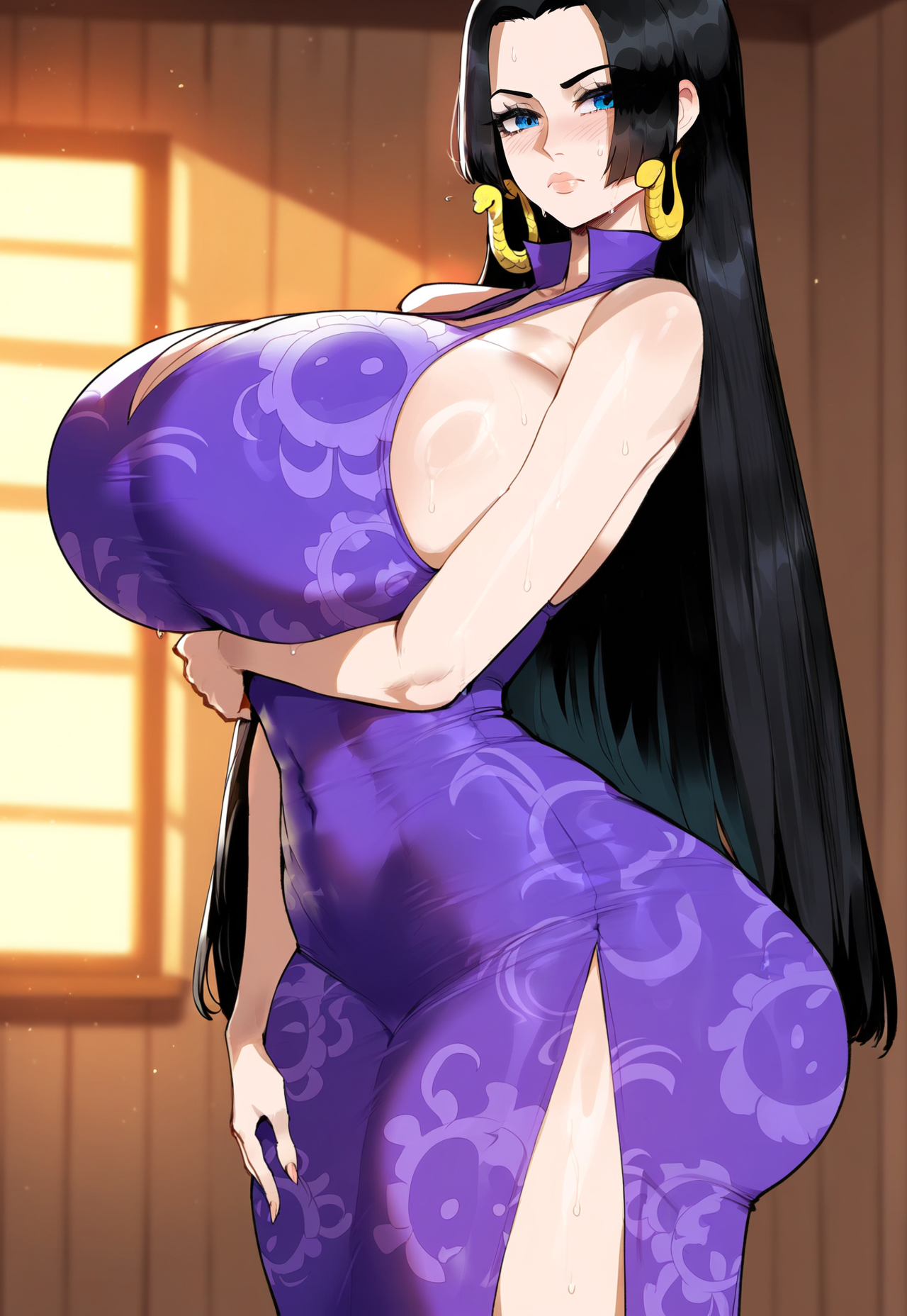 1girls, ai generated, black hair, boa hancock, breasts, busty, clothing, creamy ai, curvy, curvy female, curvy figure, earrings, female, female focus, female only, large breasts, light skin, light-skinned female, long hair, mature, mature female, one piece, solo, tagme