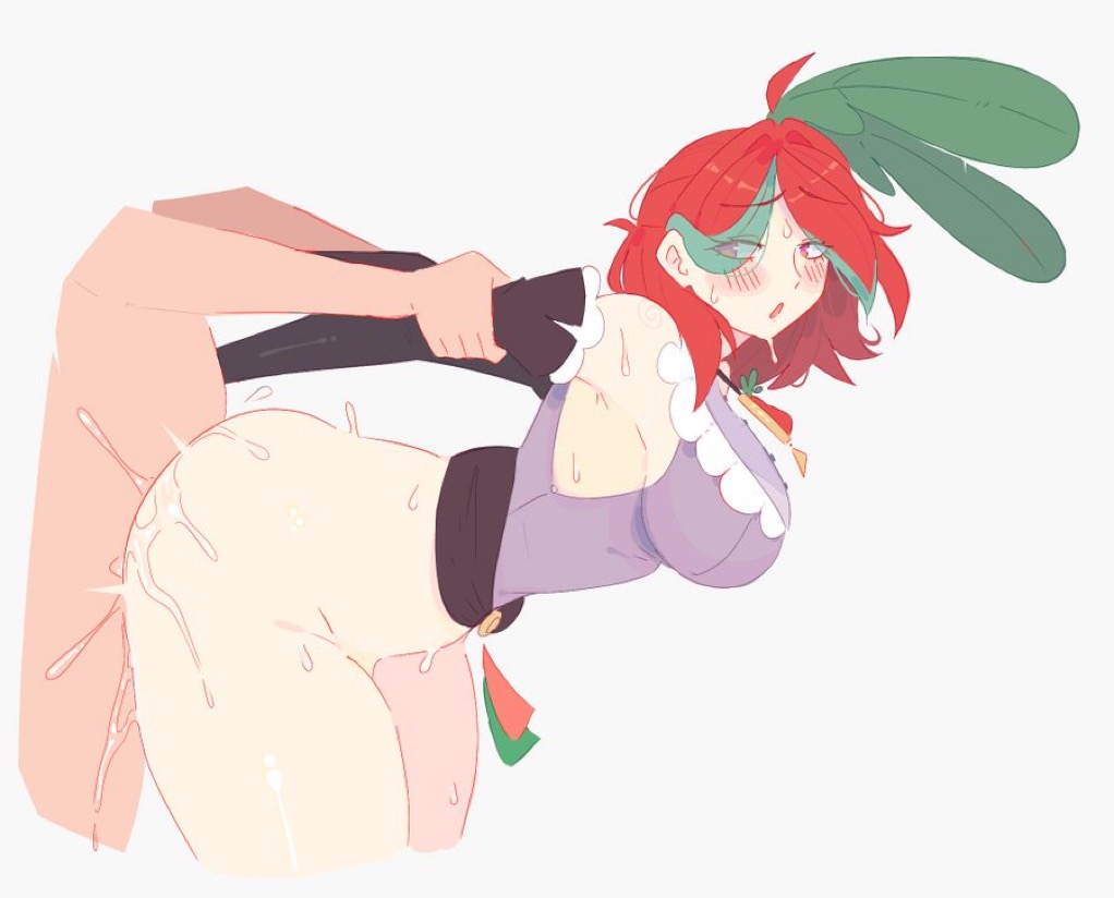 1boy, 1girls, ass, big ass, big breasts, blush, breasts, female, from behind, from behind position, grabbing from behind, infamcantaloupe, looking at partner, looking back, male, oc, open mouth, original character, radish (infamcantaloupe), radish (unfamousradish), red hair, sex, sex from behind, short hair, straight, unfamousradish