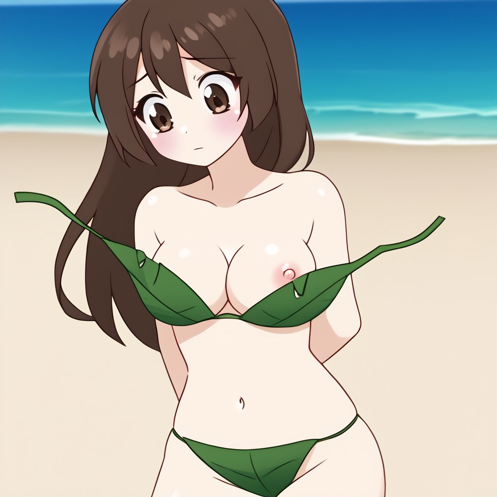 ai_generated beach breasts brown_eyes brown_hair cleavage emirichu hands_behind_back leaf_bikini nipple_slip ocean tagme wardrobe_malfunction youtube youtuber