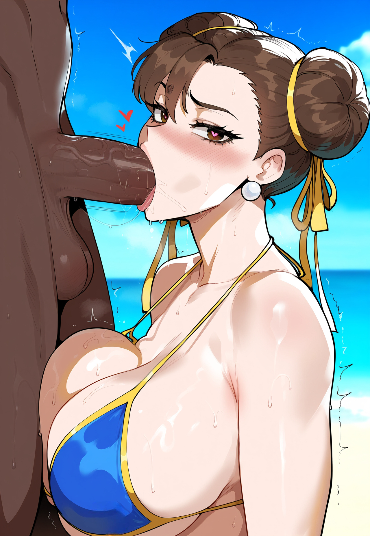 1boy, 1girls, ai generated, balls, beach, blowjob, blush, breasts, brown eyes, brown hair, chun-li, creamy ai, dark skin, dark-skinned male, double bun, fellatio, female, heart-shaped pupils, interracial, large breasts, male, medium hair, oral, outdoors, penis, street fighter, sweat, testicles, uncensored