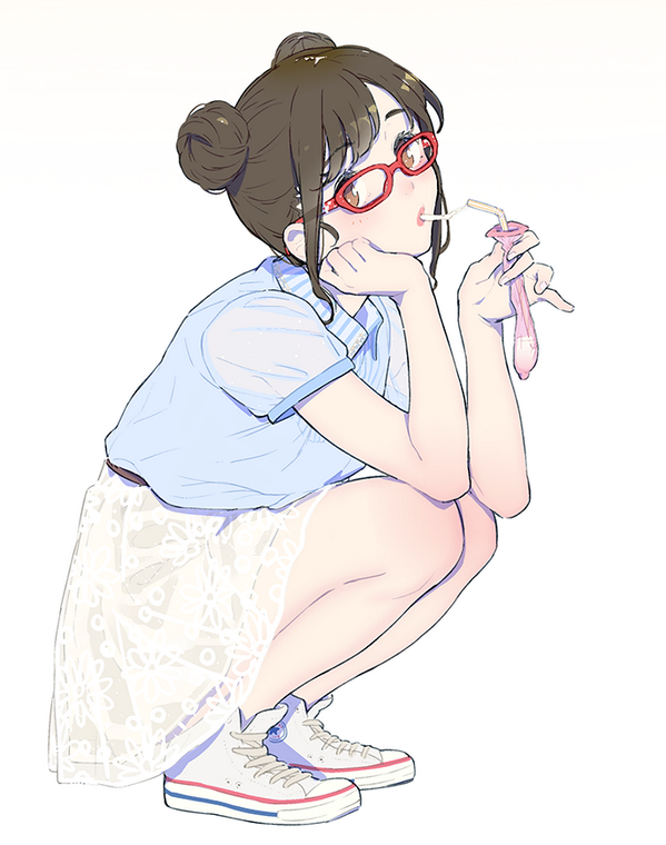 blush brown_eyes brown_hair condom cum cum_in_mouth double_bun drinking_from_condom drinking_straw female glasses looking_at_viewer original red-framed_glasses skirt solo squatting used_condom xxzero