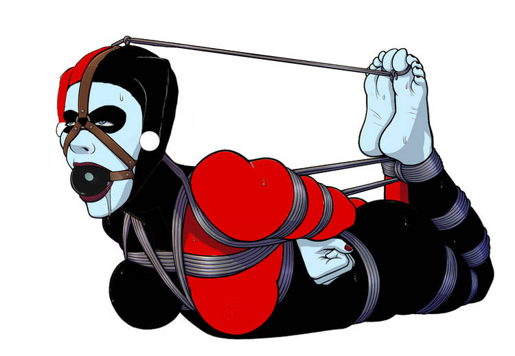 ball_gag batman_(series) black_toenails bondage dc dc_comics drooling feet gag harley_quinn harley_quinn_(classic) harness_gag hogtie rope_bondage sweat tied_toes toenail_polish