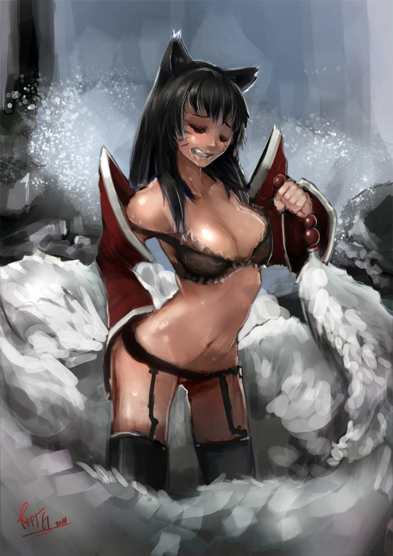 1girls ahri anal_beads anal_beads_tail animal_ears black_hair bra breasts cleavage closed_eyes detached_sleeves female fox_ears fur furry_tail garter_belt humanoid kemonomimi league_of_legends long_hair medium_breasts multiple_tails no_panties riftgarret sex_toy solo tail thighhighs underwear water waterfall