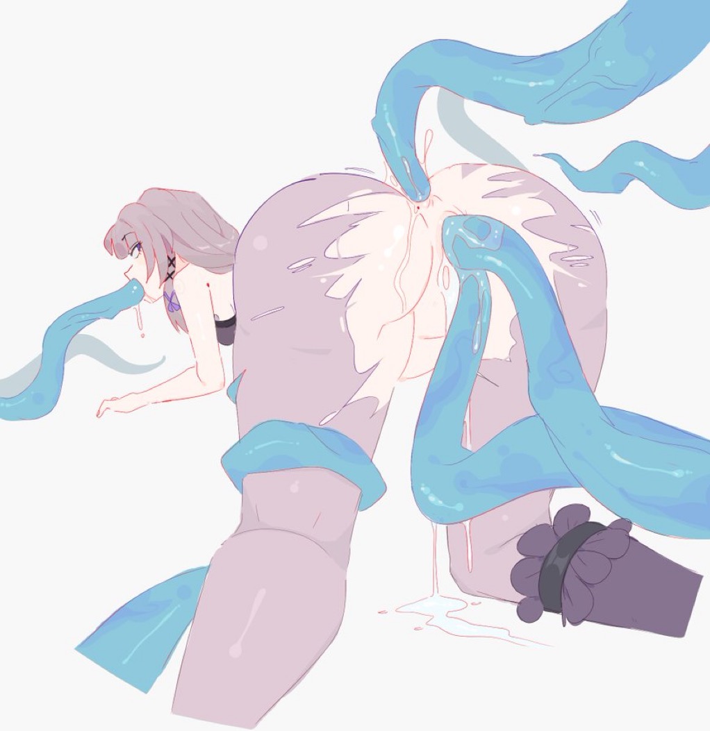 1girls, all fours, cum, cum drip, cum in pussy, drool string, emotionless, female, herta (honkai: star rail), honkai (series), honkai: star rail, hoyoverse, infamcantaloupe, long hair, pussy, pussy juice, ripped clothing, ripped pantyhose, tentacle, tentacle sex, the herta (honkai: star rail), unfamousradish