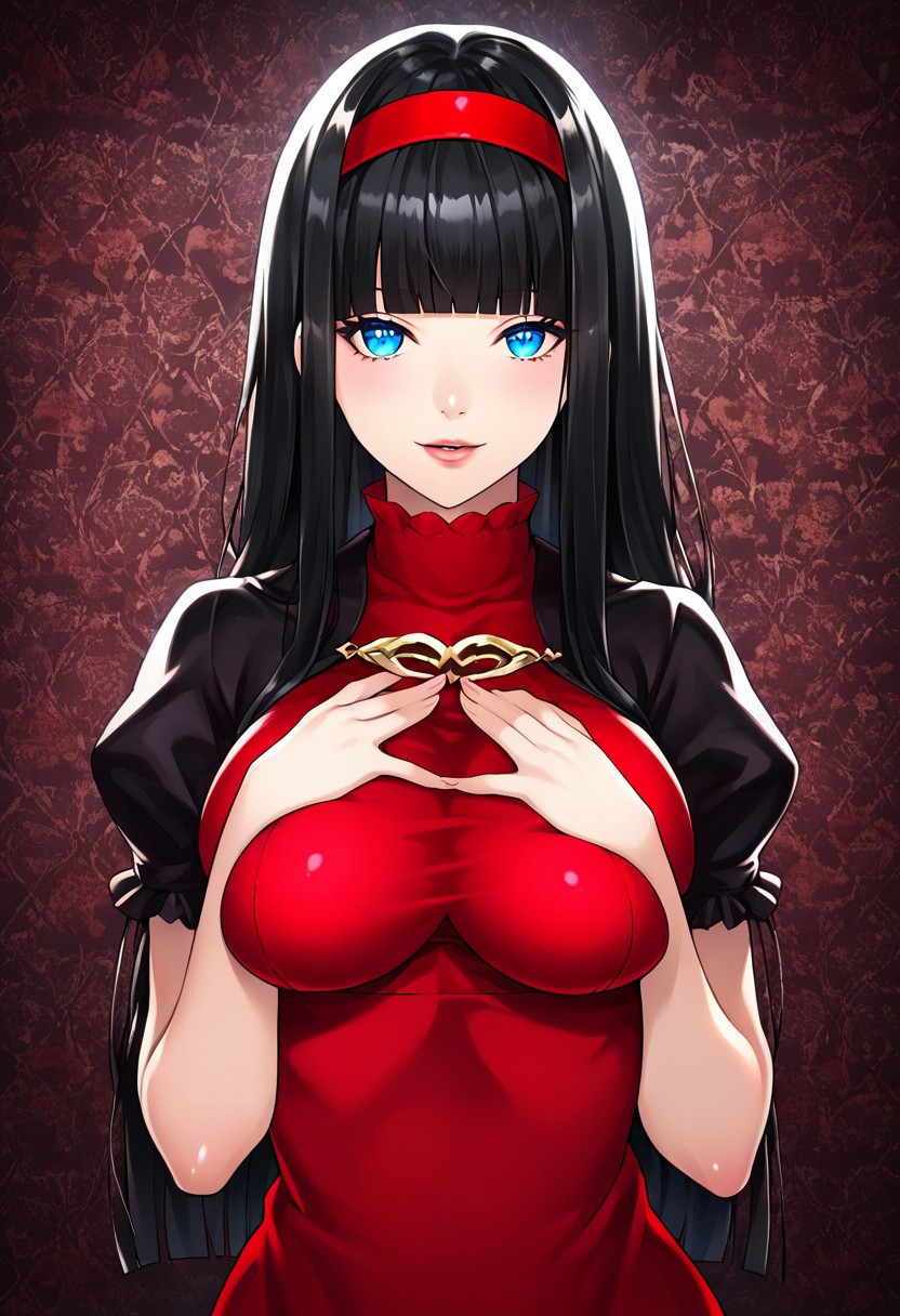 ai_generated black_hair blue_eyes breasts female female_only hair_between_eyes hands_on_breasts large_breasts n2 nier nier:_automata red_dress upper_body