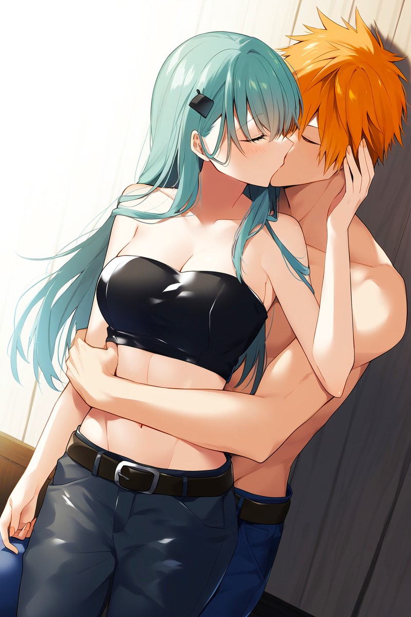 babe backward_kiss beautiful beautiful_females belt bleach blush_lines boy breasts crossover crossover_kiss curvy_female cute denim game girl green_hair_female hands_on_another's_head handsome high_school_student ichigo_kurosaki jeans jnbu kantai_collection kissing leather midriff novelai orange_hair shinigami spiky_hair suzuya_(kantai_collection) topless_male video_game_character video_games young