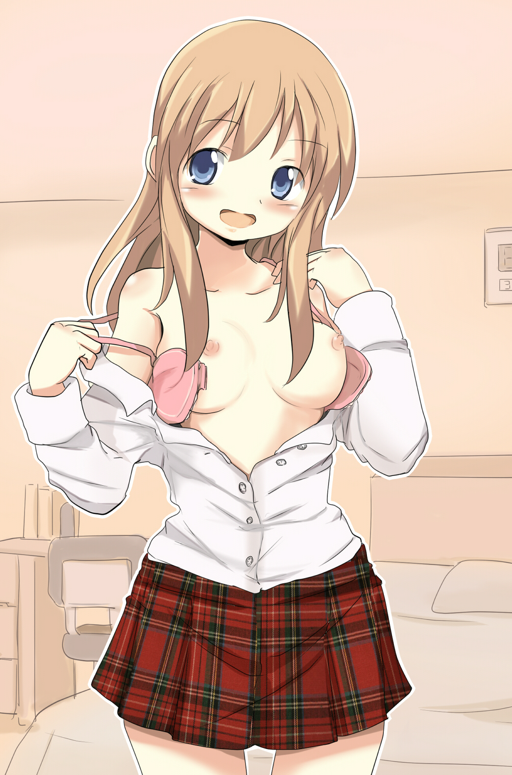 1girls bed bed_sheet blonde_hair blue_eyes blush bra breasts collarbone dress_shirt female highres kamome_shop long_hair long_sleeves medium_breasts nipples off_shoulder open_bra open_clothes open_mouth open_shirt original pink_bra plaid plaid_skirt school_uniform shirt skirt solo unbuttoned underwear undressing wing_collar