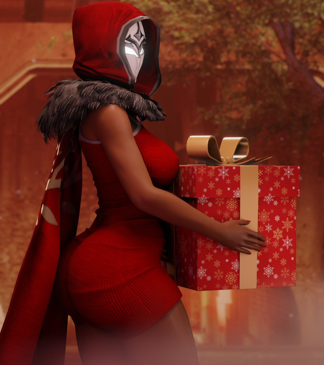 1girls ass christmas christmas_clothing christmas_outfit cloak clothed clothing curvaceous curvy curvy_figure destiny_(game) destiny_2 faceless faceless_character faceless_female female female_only glowing_eyes guardian_(destiny) hood hooded_cloak hunter_(destiny) looking_at_viewer mask masked masked_female present tagme that_one_spartan thick thick_ass