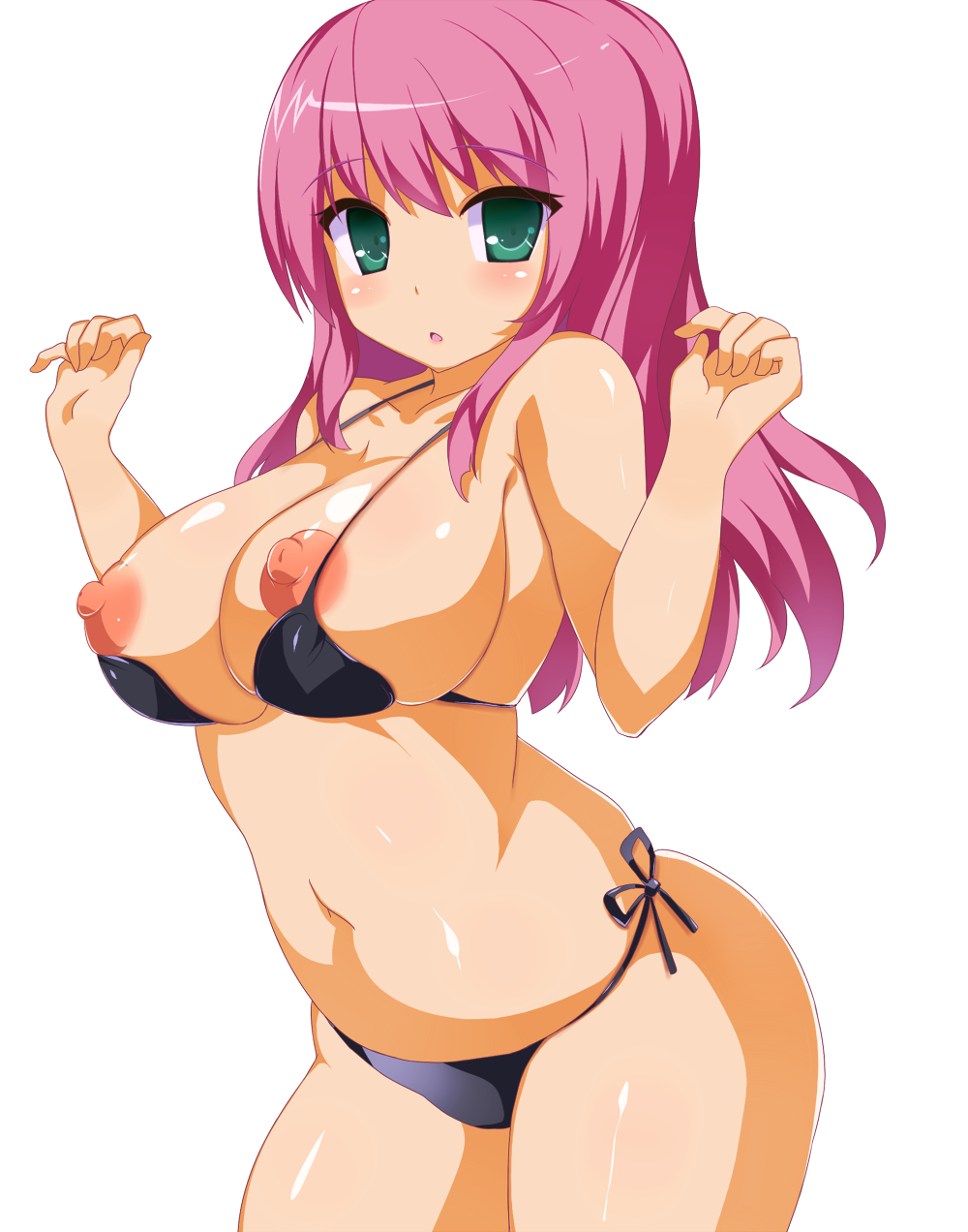 bare_shoulders bikini black_bikini breasts green_eyes highres karaage_teishoku_(regret1994) large_breasts long_hair looking_at_viewer nipples original parted_lips pink_hair shiny shiny_skin side-tie_bikini simple_background skindentation swimsuit touage_teishoku white_hair