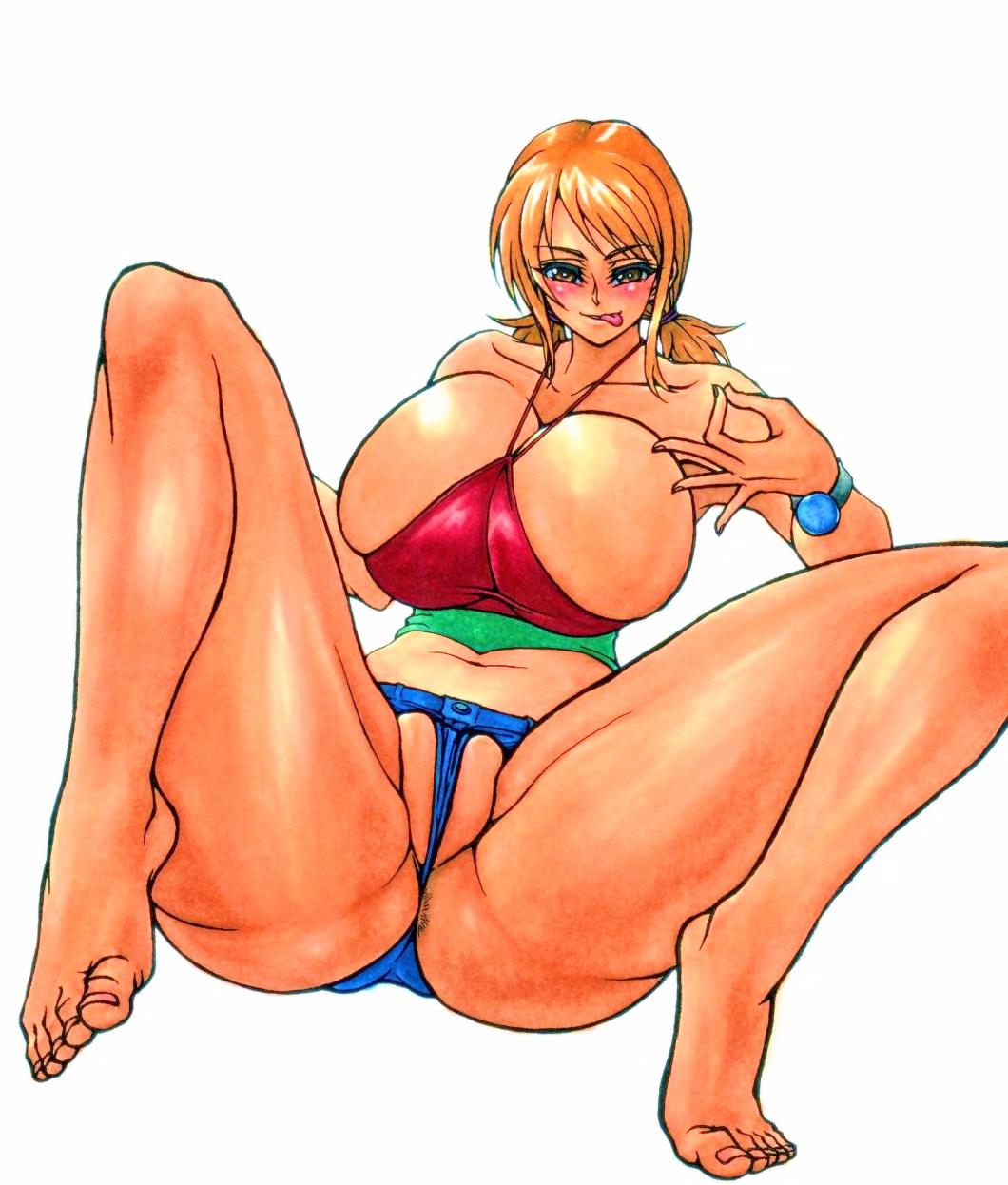 1girls, anus, barefoot, between labia, blush, breasts, bursting breasts, cleavage, female, female only, huge breasts, innie pussy, looking at viewer, nami (one piece), naughty face, one piece, one piece film strong world, orange hair, pussy, tongue, tongue out, voluptuous, wrato