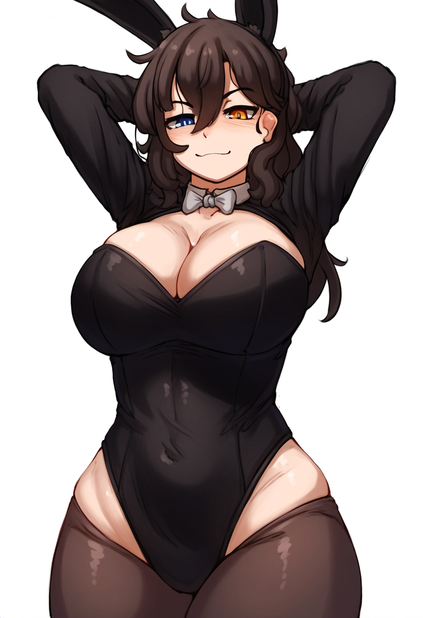 abs ai_generated bunny_ears bunnysuit cleavage clothed hips hismajestyii looking_at_viewer novelai original playboy_bunny seiko_tanaka_(hismajestyii) smile smug smug_face smug_smile stockings thighs wide_hips