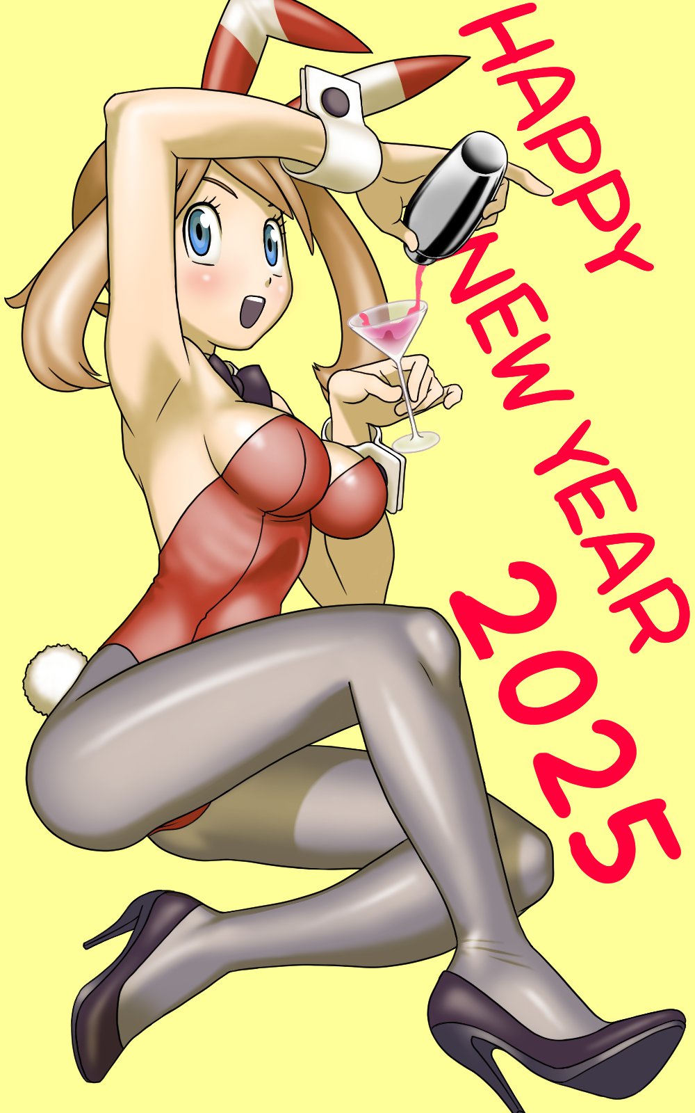 1girls 2025 blue_eyes bowtie bunnysuit colored_background digital_drawing_(artwork) digital_media_(artwork) female female_focus female_only happy_new_year heels looking_at_viewer may_(pokemon) may_(pokemon_oras) pokegirl pokemon tsuwitchii84 wine wine_bottle wine_glass