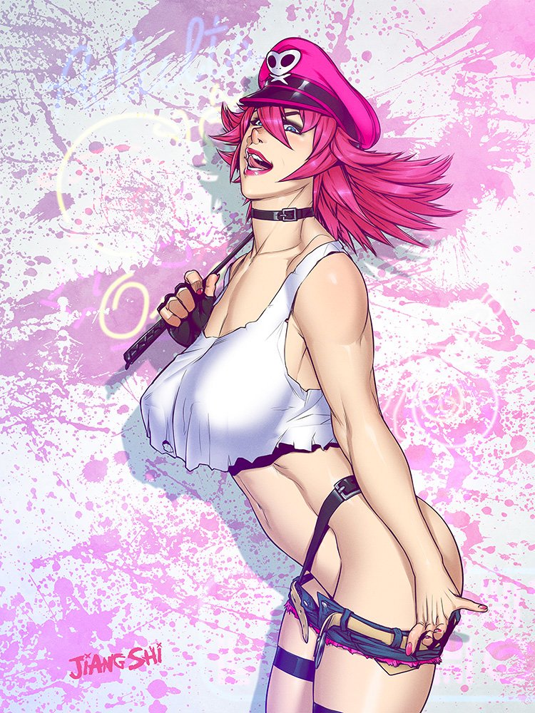 2d athletic athletic_female bare_midriff big_breasts blue_eyes breasts busty capcom choker daisy_dukes female final_fight hourglass_figure jean_shorts jiang_shi large_breasts makeup nail_polish navel pink_hair poison_(final_fight) pose posing shorts skimpy skimpy_clothes street_fighter tagme wide_hips