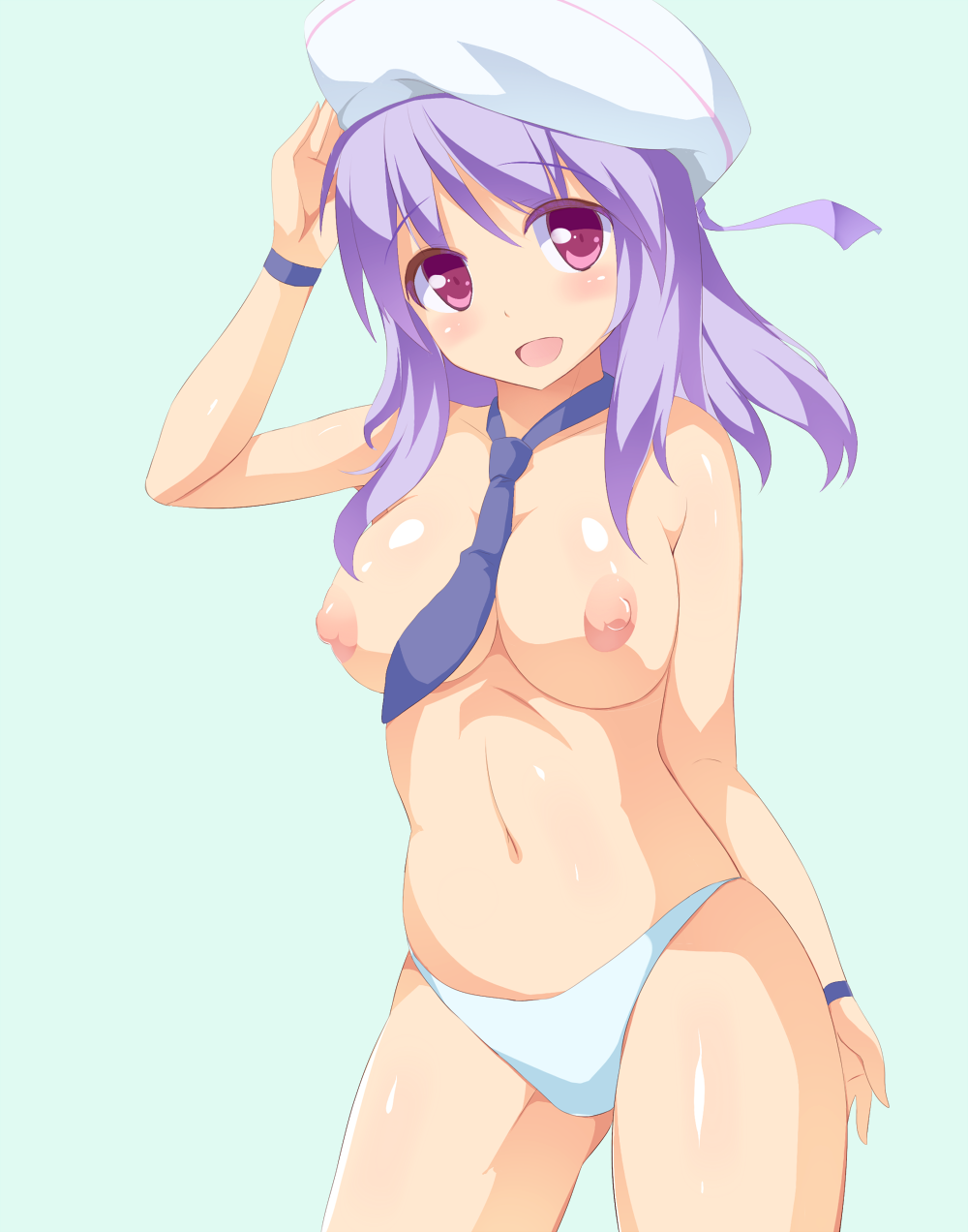 areolae bikini bikini_bottom blue_background breasts hat highres karaage_teishoku_(regret1994) large_breasts long_hair navel necktie nipples open_mouth original purple_eyes purple_hair shiny_skin simple_background smile swimsuit thighs topless touage_teishoku white_bikini white_swimsuit