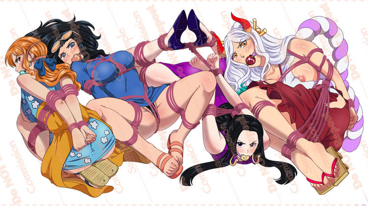 4girls artist_request ball_gag boa_hancock bondage feet female female_only gag nami nami_(one_piece) nico_robin one_piece yamato_(one_piece)