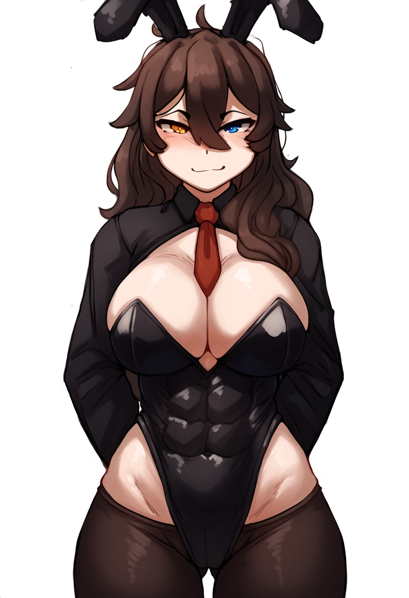 abs ai_generated blush bunny_ears bunnysuit cleavage clothed hips hismajestyii large_breasts looking_at_viewer novelai original playboy_bunny seiko_tanaka_(hismajestyii) smile smug smug_face smug_smile thighs toned toned_female wide_hips