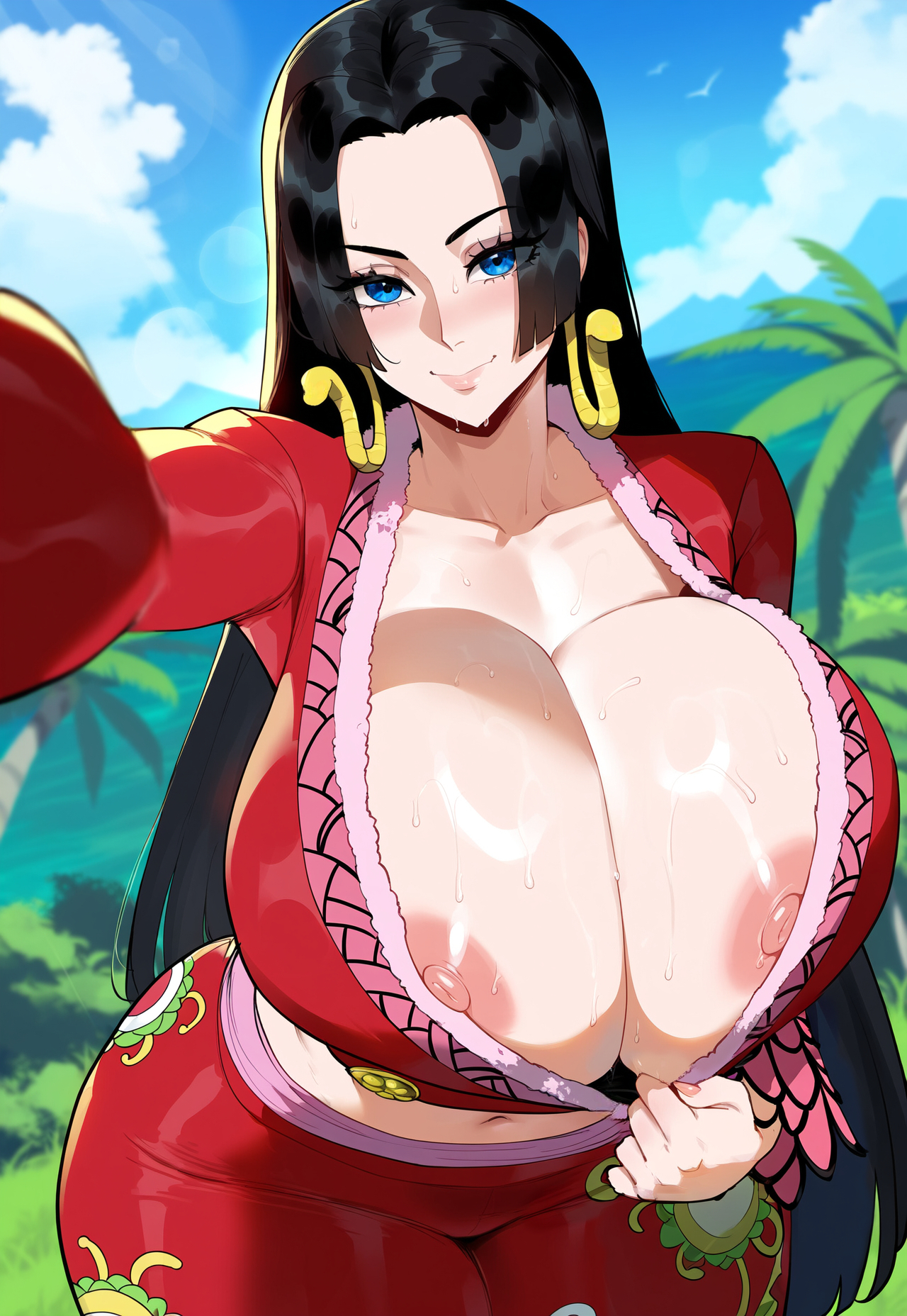1girls, ai generated, black hair, blue eyes, boa hancock, breast focus, breasts, busty, cleavage, clothing, creamy ai, curvy, curvy female, curvy figure, female, female focus, female only, large breasts, light skin, light-skinned female, long hair, looking at viewer, mature, mature female, nipples, one piece, solo, tagme