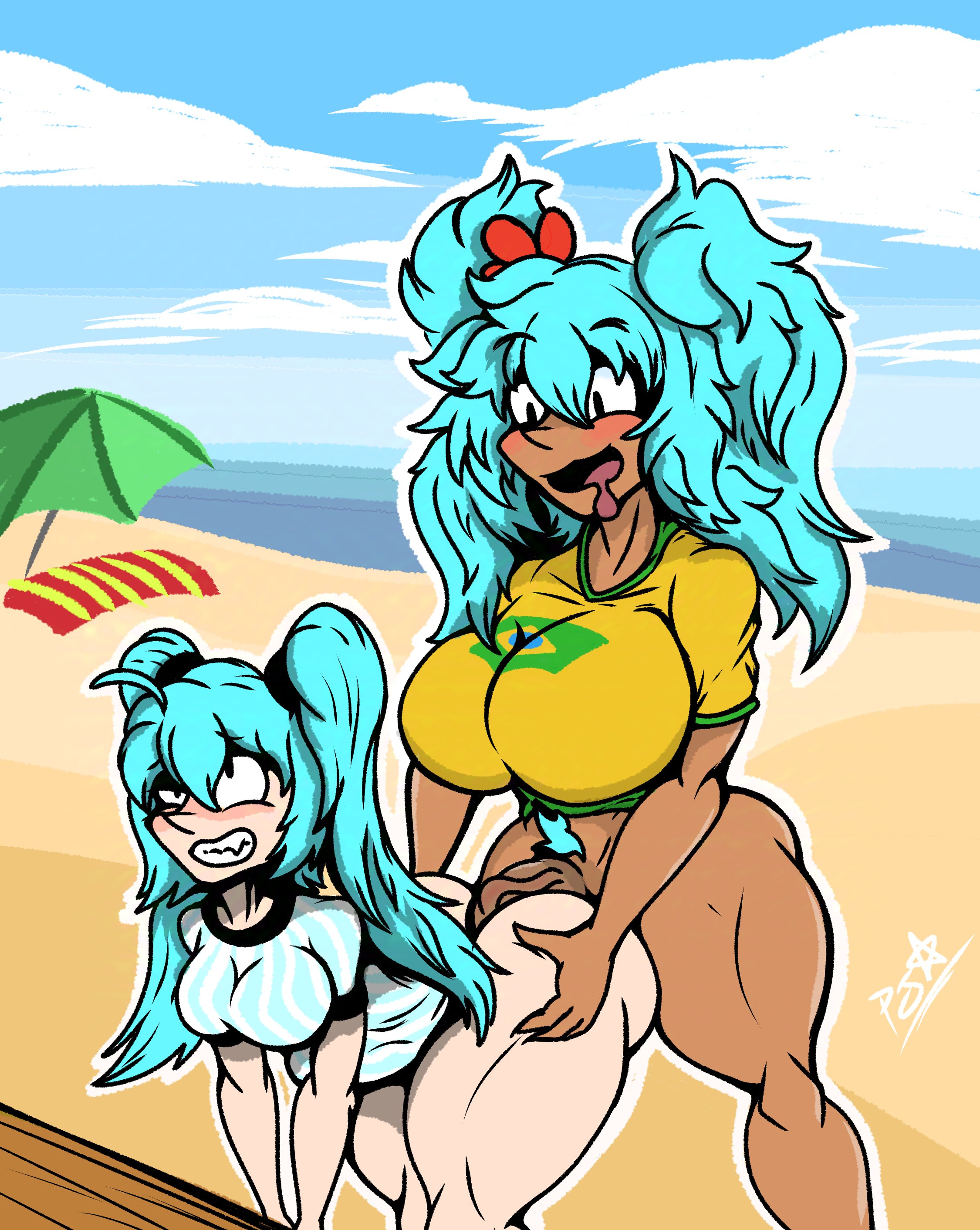 1futa, 1girls, 2girls, anal, anal sex, aqua hair, argentina, argentinian miku, ass, beach, blue hair, bottomless, brazil, brazilian miku, breasts, dark skin, dark-skinned female, day, doggystyle, drooling, female, female pubic hair, from behind, futa on female, futa with female, futanari, hatsune miku, implied futanari, interracial, intersex, large breasts, latin american hatsune miku (meme), long hair, multiple girls, open mouth, outdoors, penis, pubic hair, sand, sea, selfcest, sex, sex from behind, shirt, striped, teeth, thick thighs, tongue, twintails, vocaloid, yuri