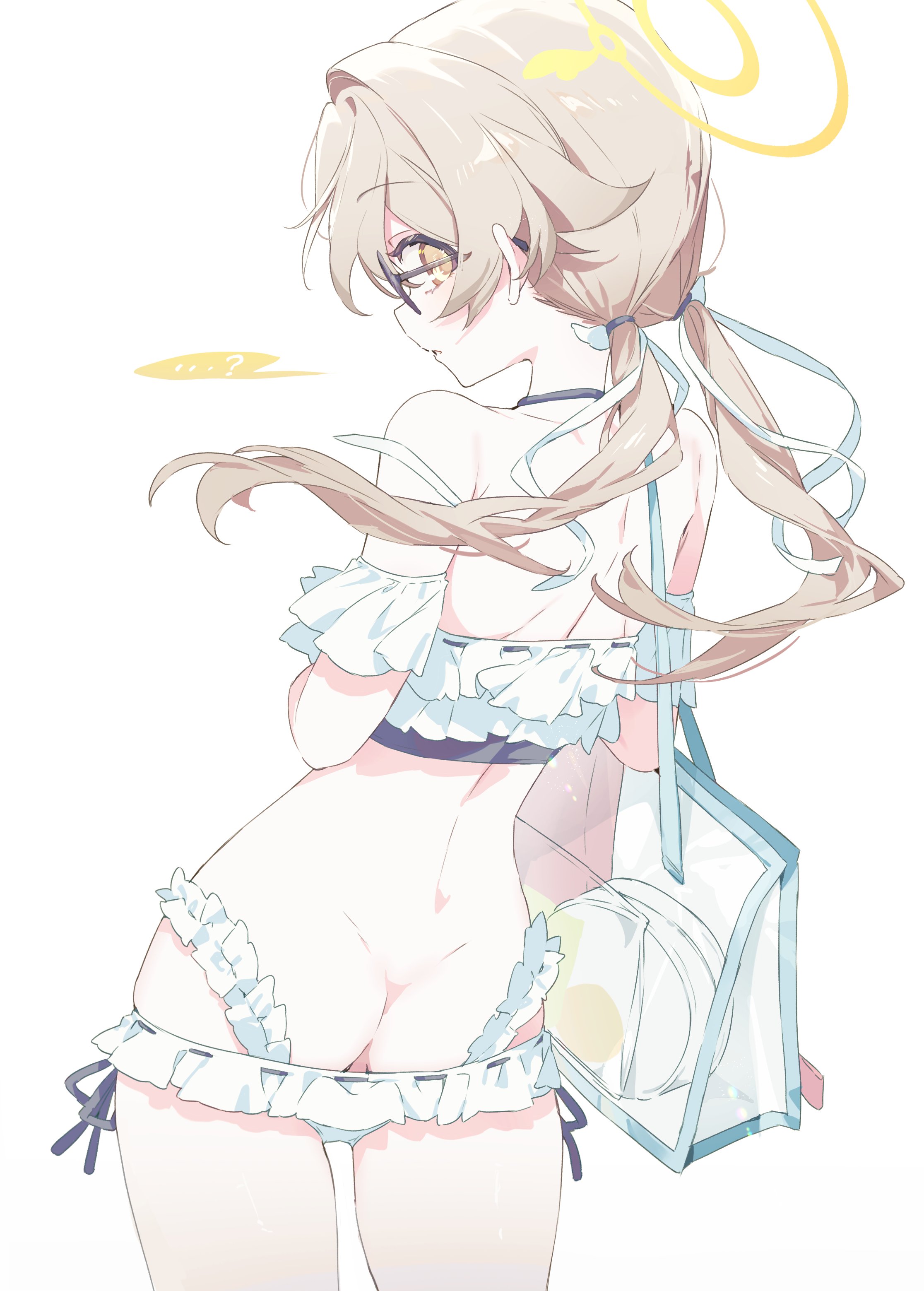 ass, ass focus, blue archive, female, glasses, halo, hifumi (blue archive), hifumi (swimsuit) (blue archive), high resolution, highres, looking at viewer, looking back, looking back at viewer, meunhongcha, surprised, swimsuit, trinity general school student, video game character