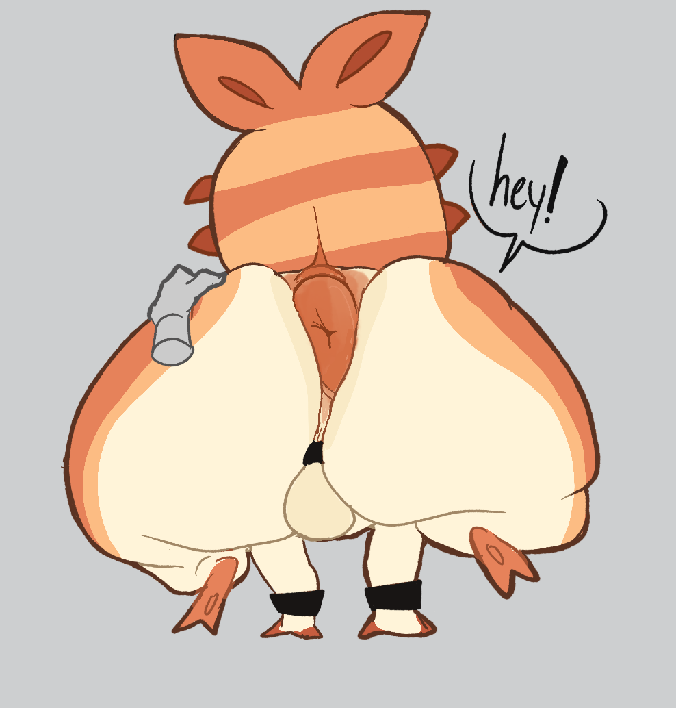 anthro anus ass ass_focus back_view backsack ball_gag big_ass donut_anus fat_ass floating_hands male rag_(lopsalien) shrimp tail thick_thighs wide_hips