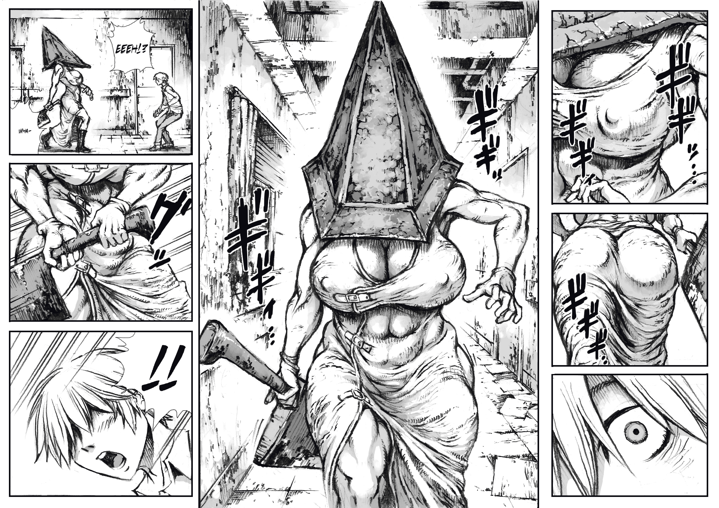 1girls, abs, ass, back view, breasts, cleavage, double deck, dress, duo, english text, female, female pyramid head, front view, full body, gloves, greyscale, highres, holding weapon, huge breasts, human, humanoid, indoors, japanese text, knee boots, konami, larger female, male, melee weapon, monochrome, muscles, muscular, muscular female, nipple bulge, pyramid head, rule 63, side slit, silent hill, silent hill 2, size difference, smaller male, surprised, sword, text, tight clothes, villainess, voluptuous, weapon, wide eyed