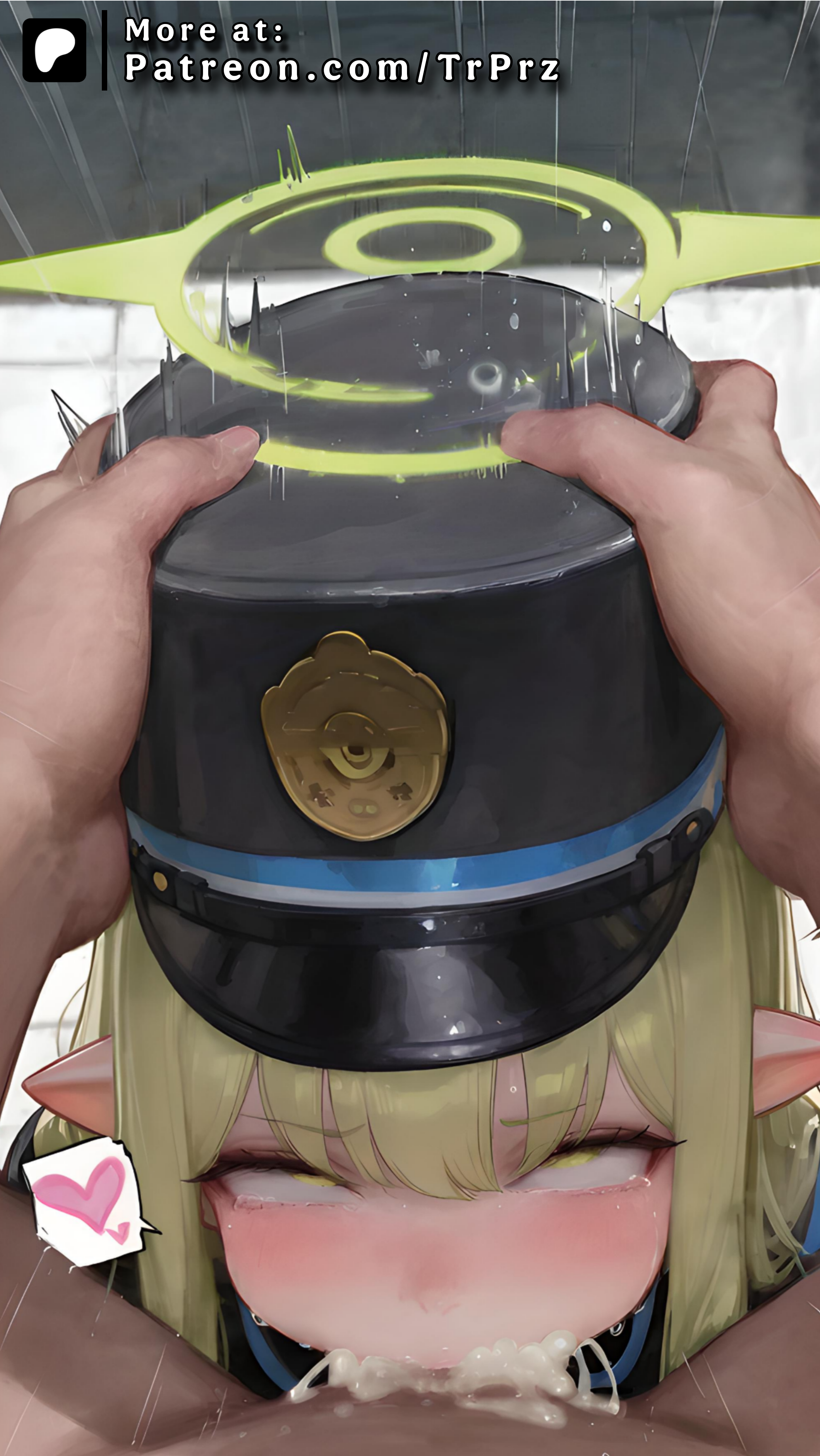 ai generated, blue archive, clothed female nude male, cum, cum in mouth, deepthroat, ejaculation, elf, female, female focus, hand on head, hat, head grab, hikari (blue archive), male, oral, pointy ears, pov, pov male, rolling eyes, tears, trugprz